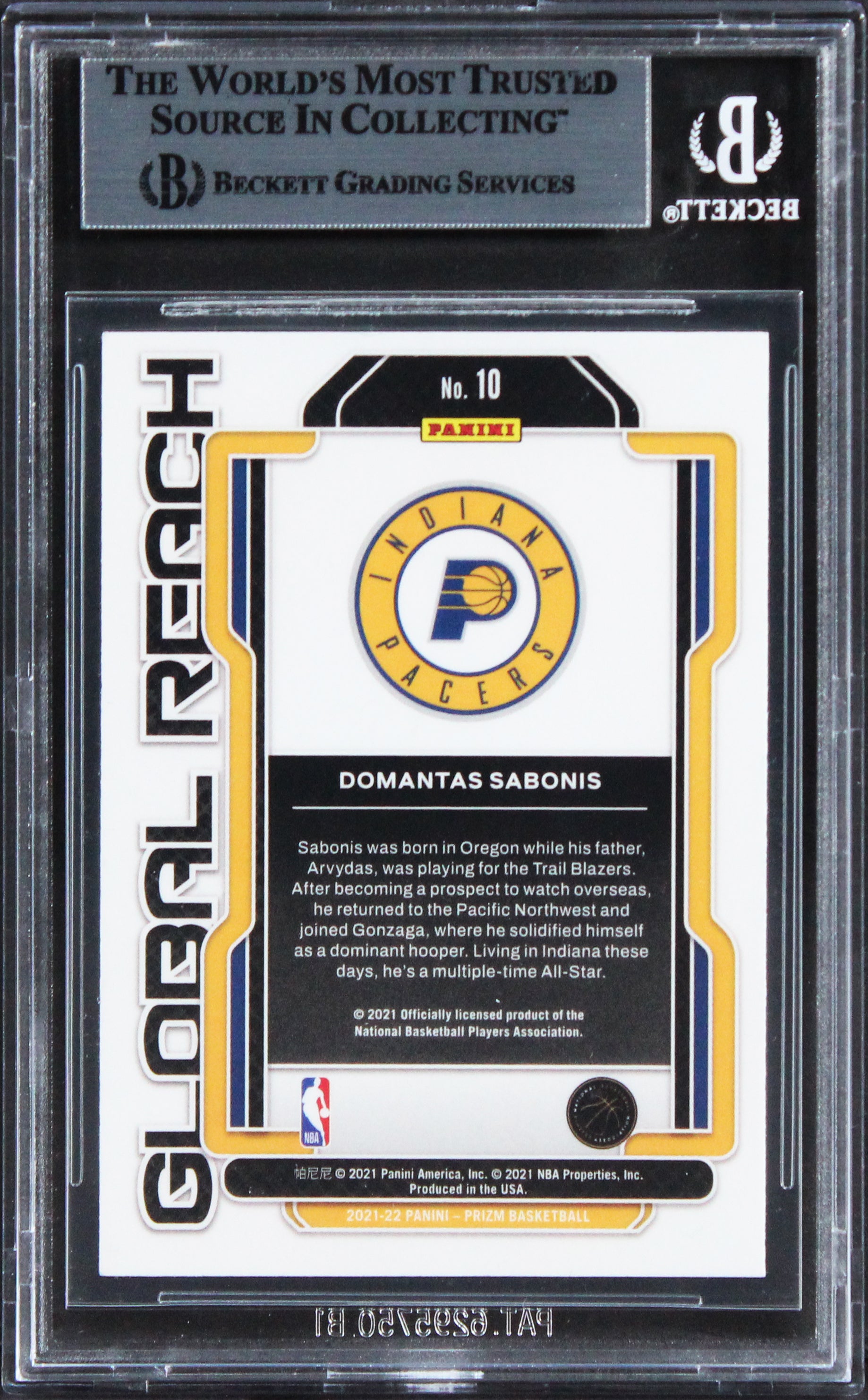 Pacers Domantas Sabonis Signed 2021 Panini Prizm Global Reach #10 Card BAS Slab