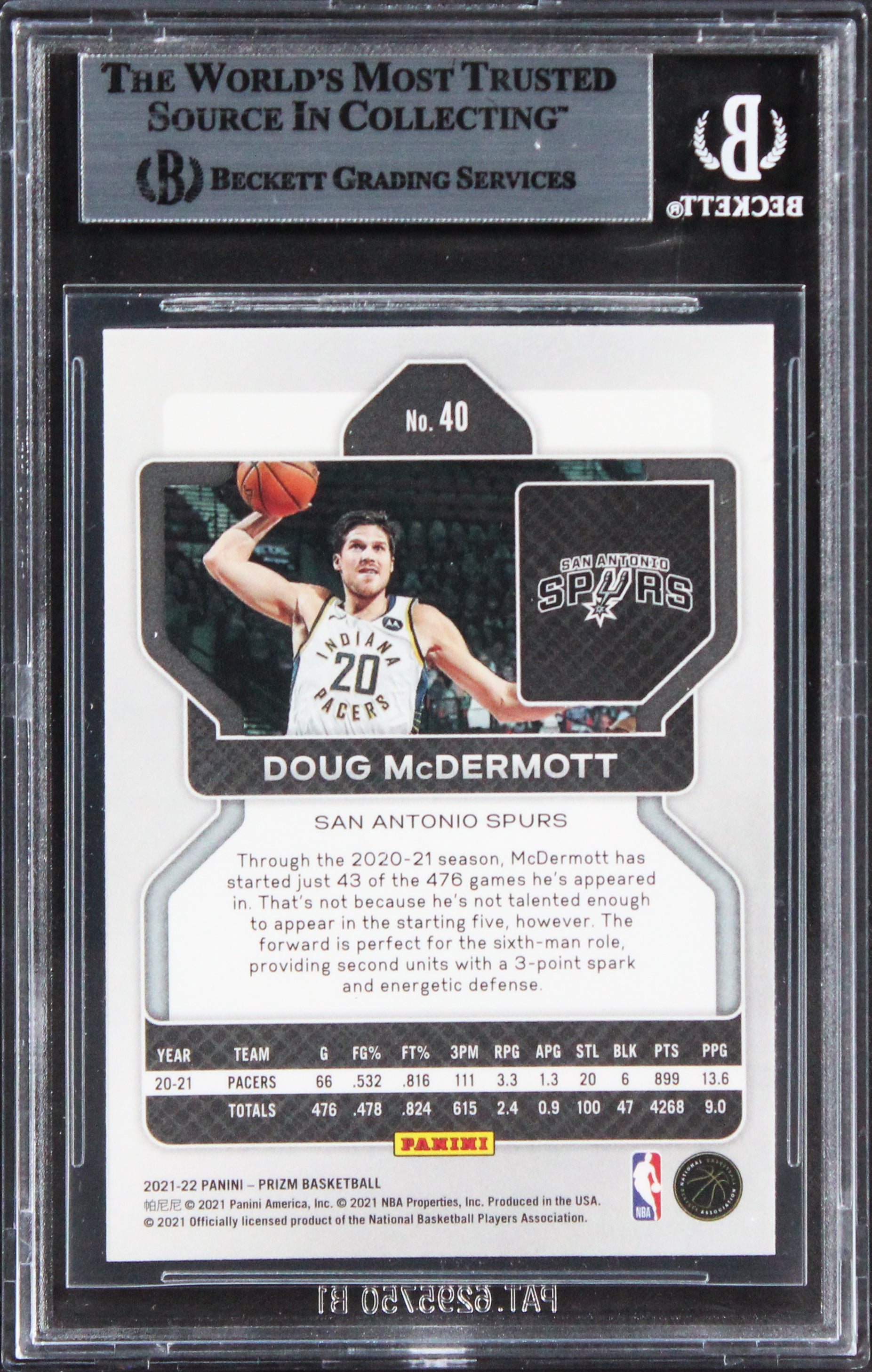 Spurs Doug McDermott Authentic Signed 2021 Panini Prizm #40 Card BAS Slabbed