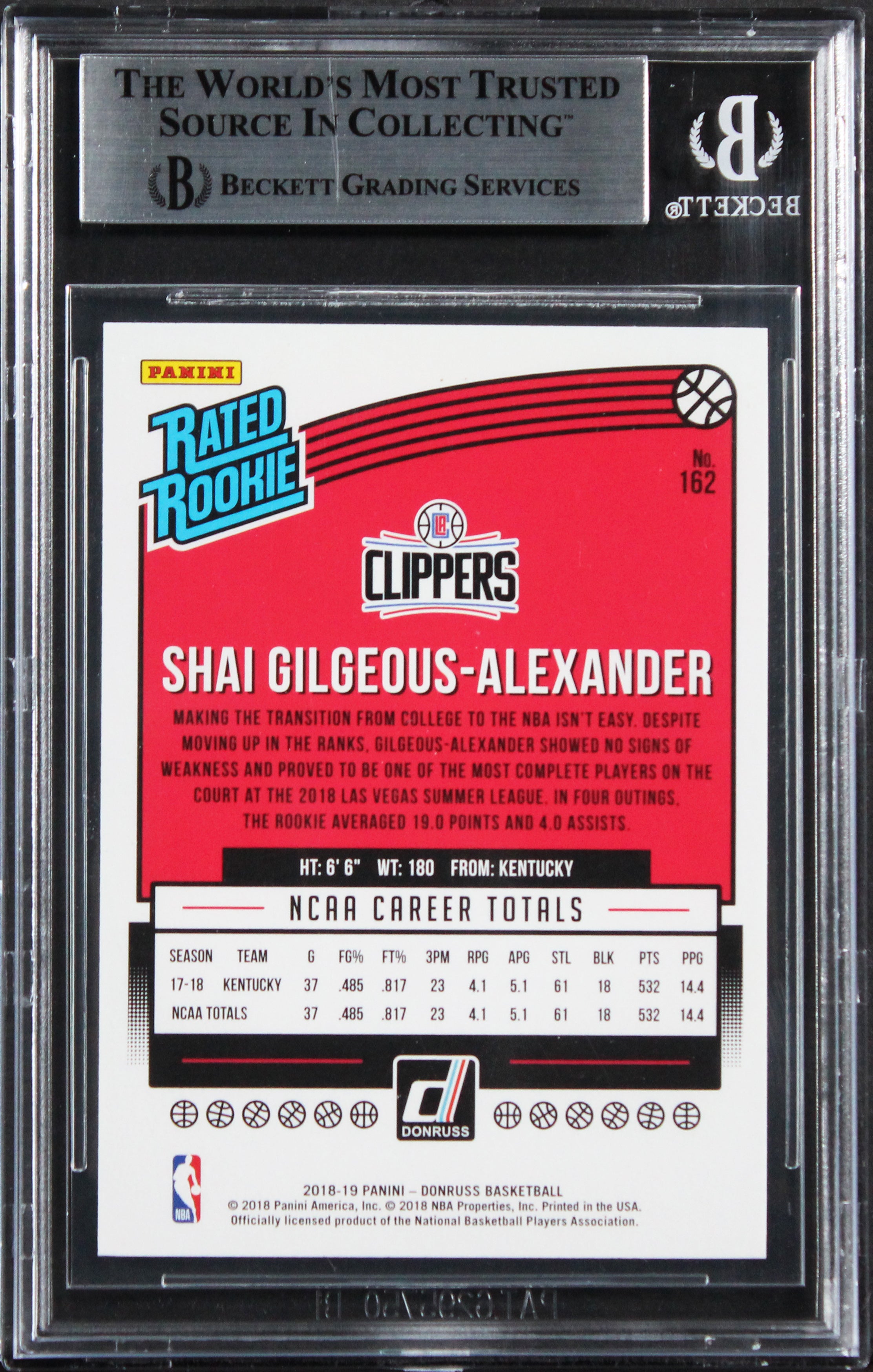 Shai Gilgeous-Alexander Signed 2018 Donruss #162 Rated Rookie Card BAS Slabbed 3
