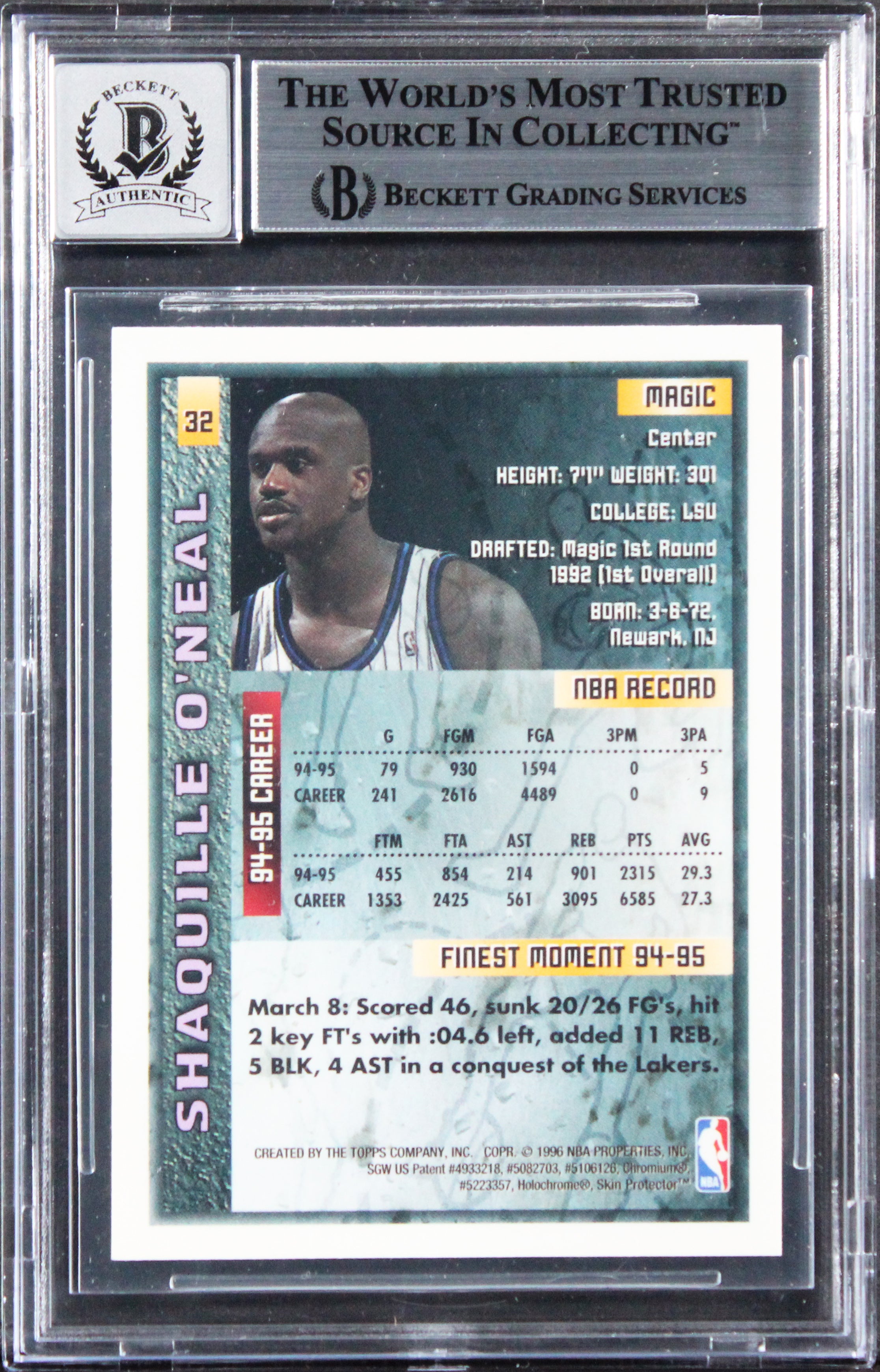 Magic Shaquille O'Neal Signed 1995 Finest #32 Card Auto Grade 10! BAS Slabbed