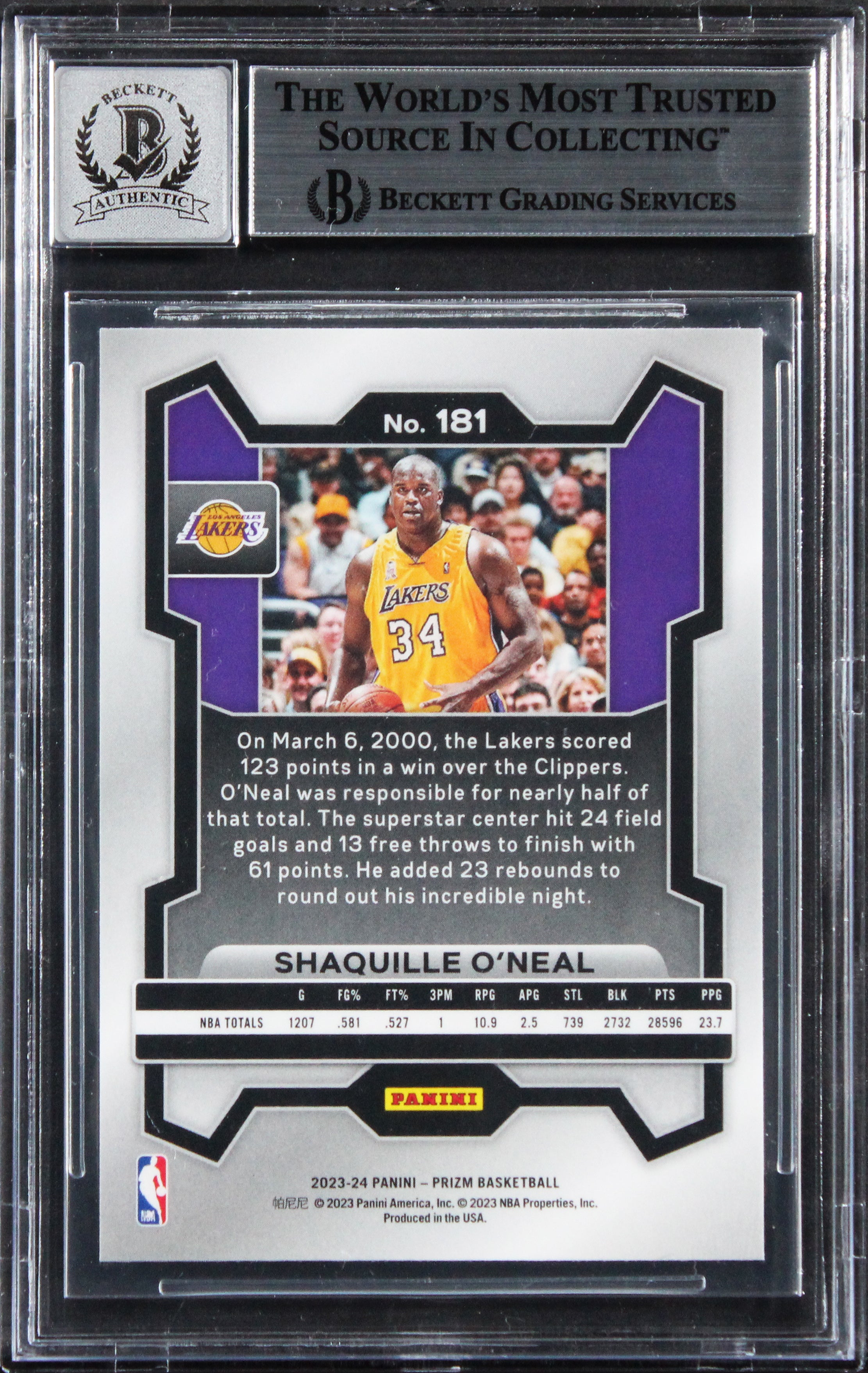 Magic Shaquille O'Neal Signed 2023 Panini Prizm #181 Card Auto 10! BAS Slabbed