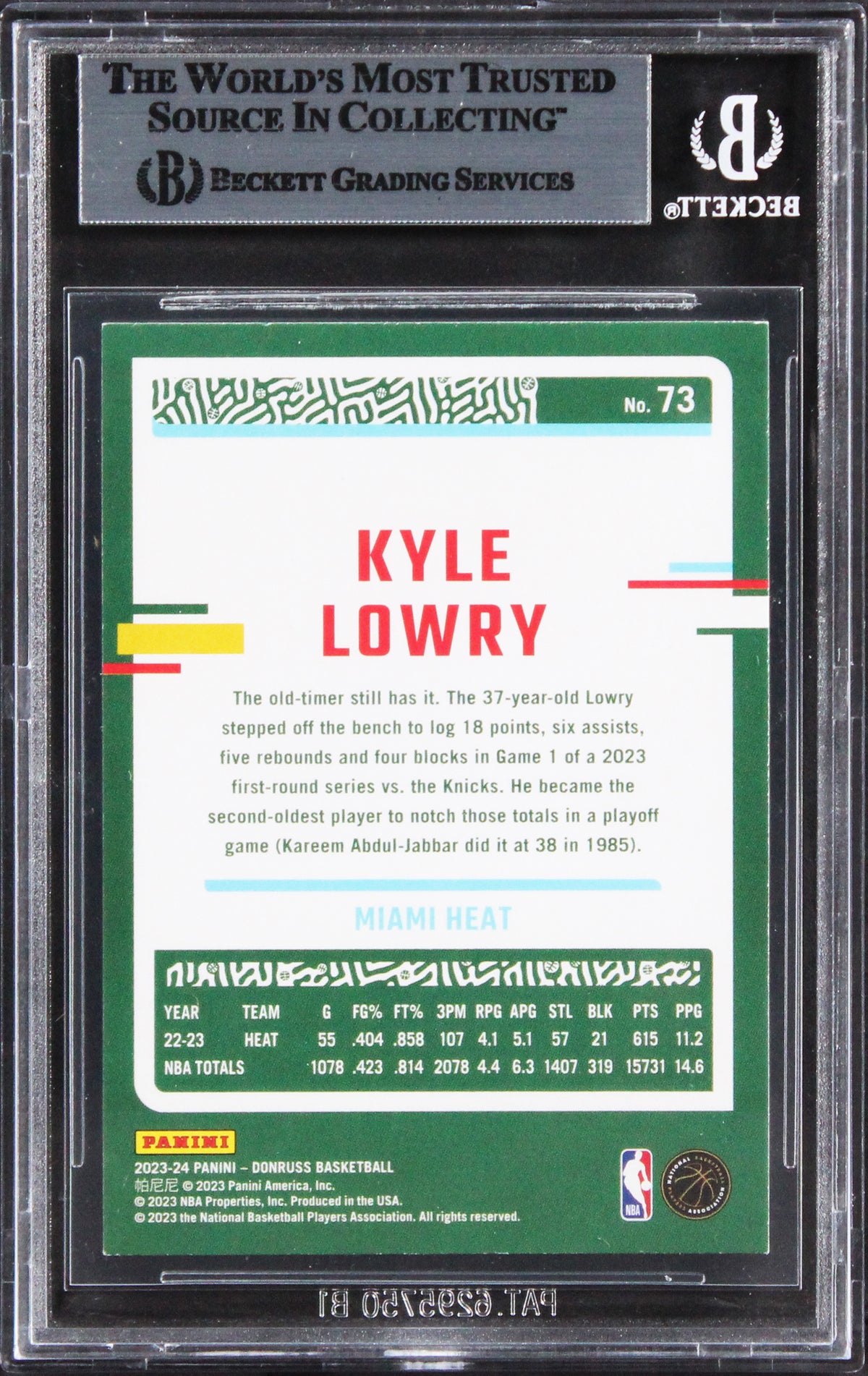 Heat Kyle Lowry Authentic Signed 2023 Donruss #73 Card BAS Slabbed