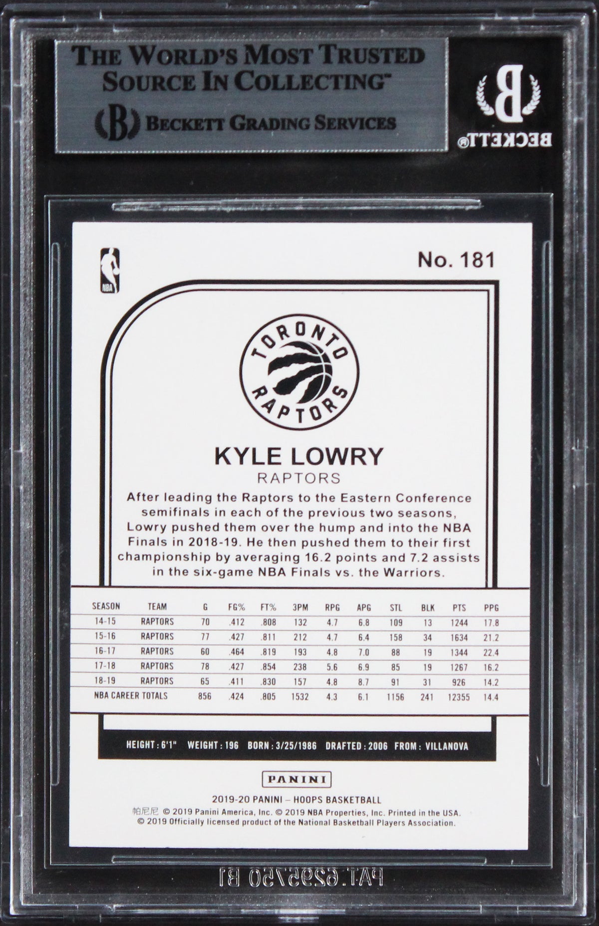Raptors Kyle Lowry Authentic Signed 2019 Hoops #181 Card BAS Slabbed