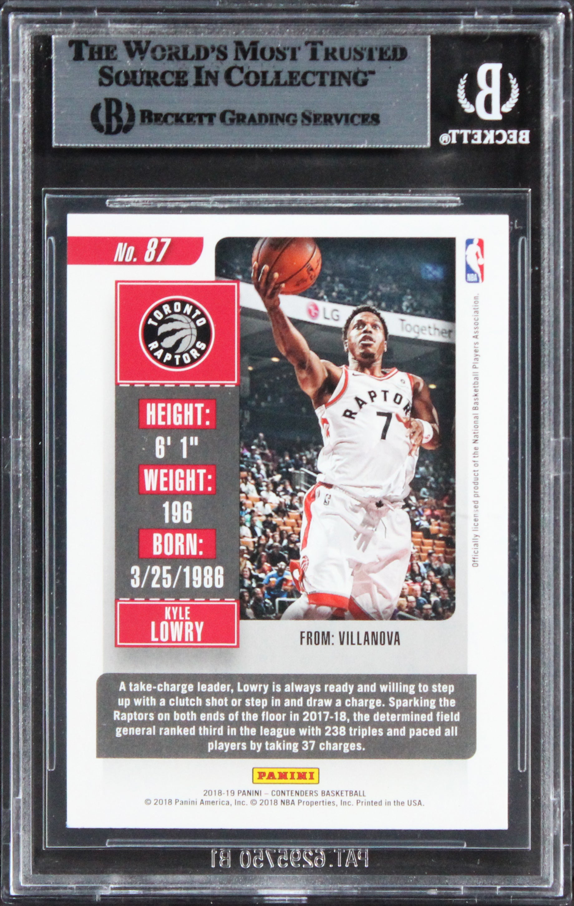 Raptors Kyle Lowry Authentic Signed 2018 Panini Contenders #87 Card BAS Slabbed
