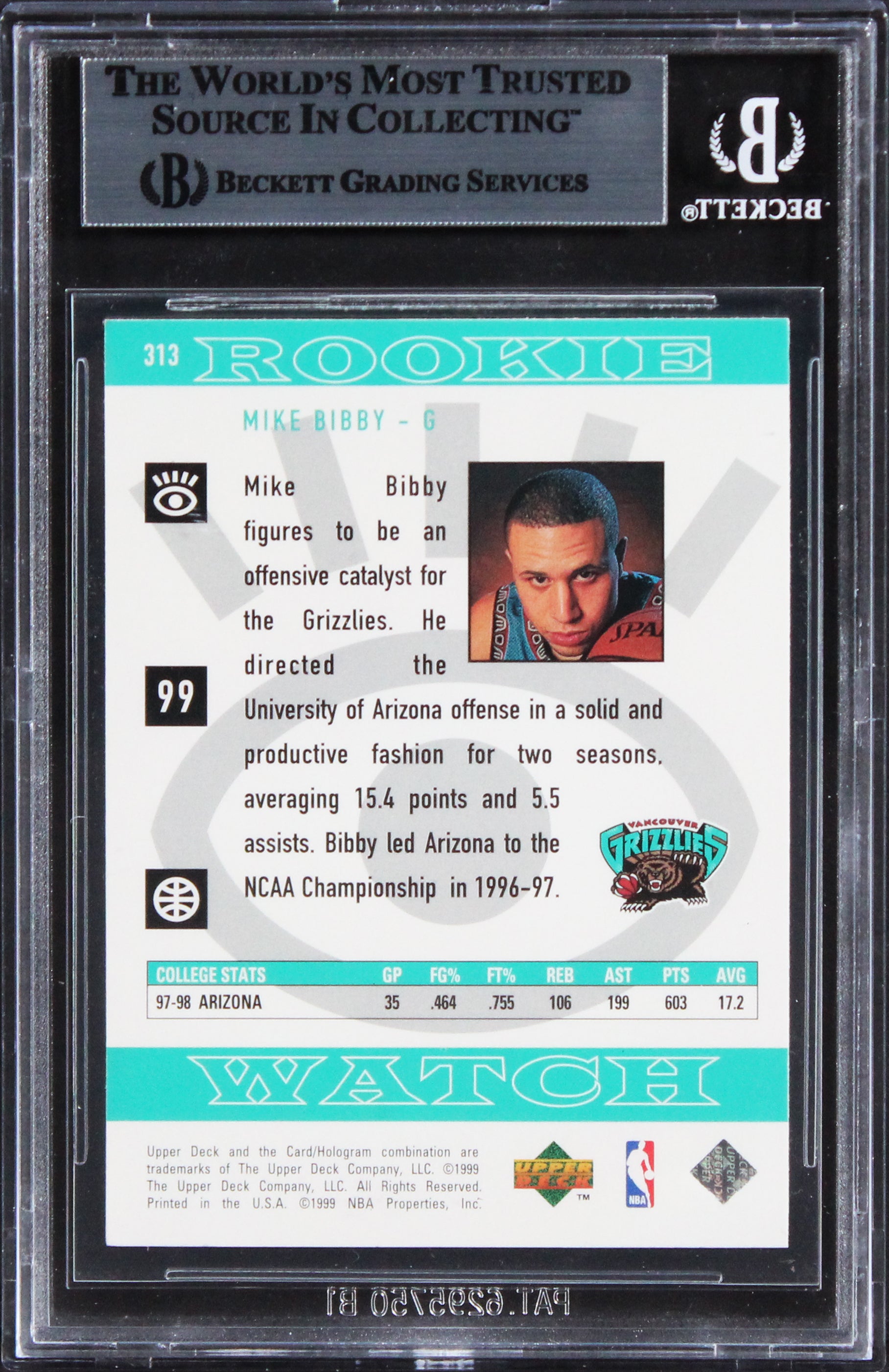 Grizzlies Mike Bibby Signed 1998 Upper Deck #313 Rookie Card BAS Slabbed