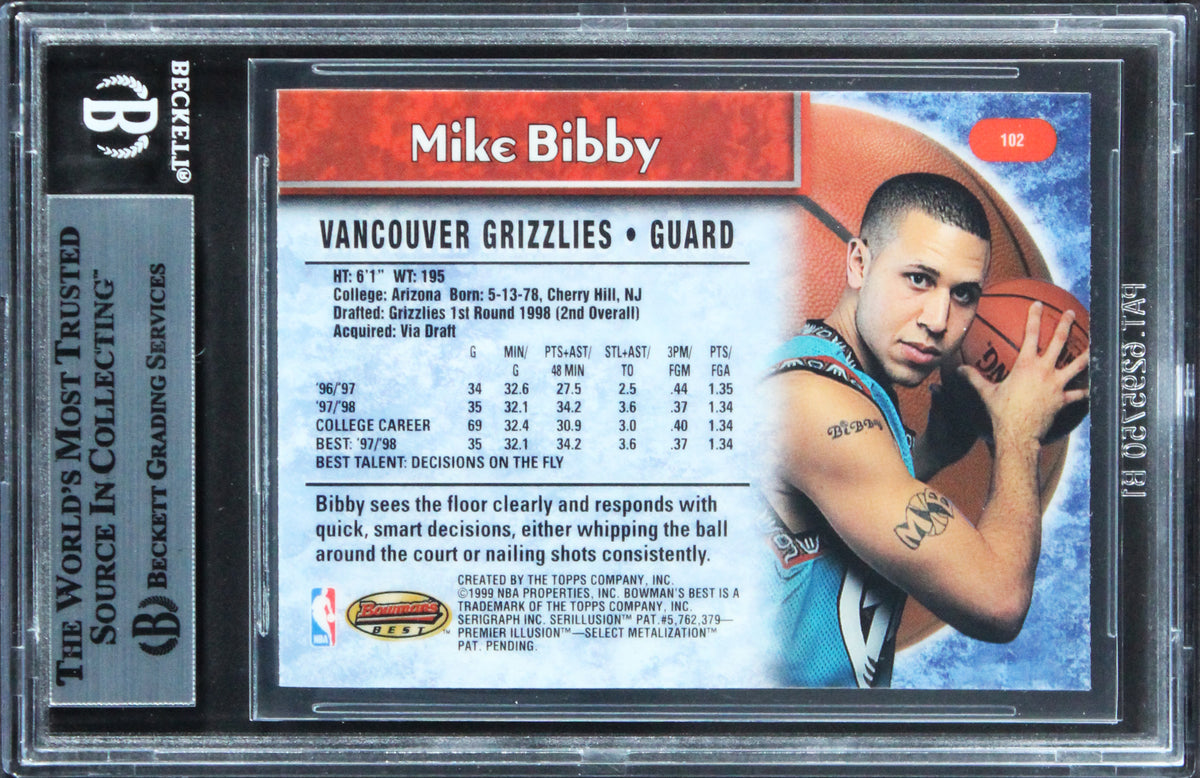 Grizzlies Mike Bibby Signed 1998 Bowman's Best #102 Rookie Card BAS Slabbed