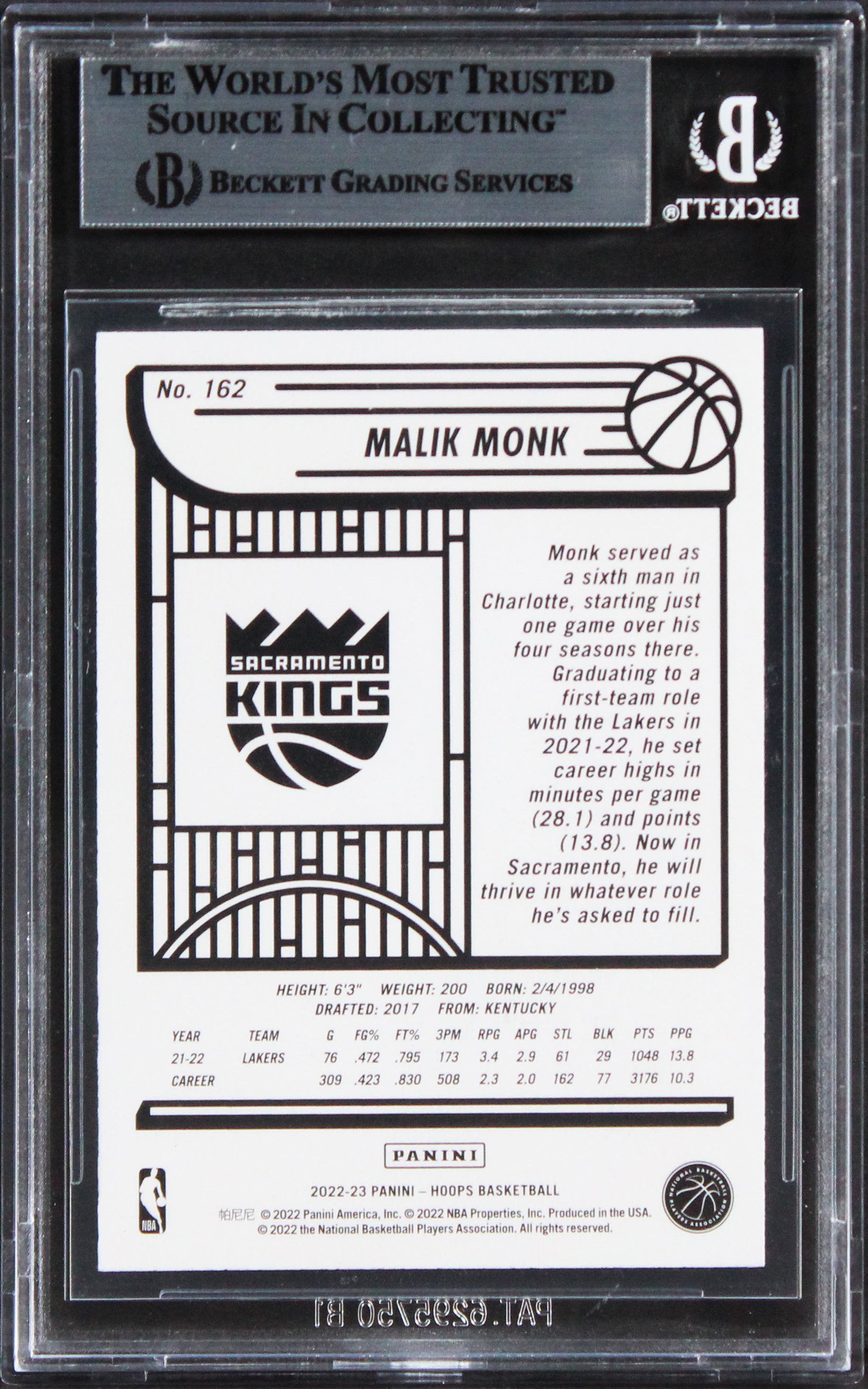 Kings Malik Monk Authentic Signed 2022 Hoops #162 Card BAS Slabbed