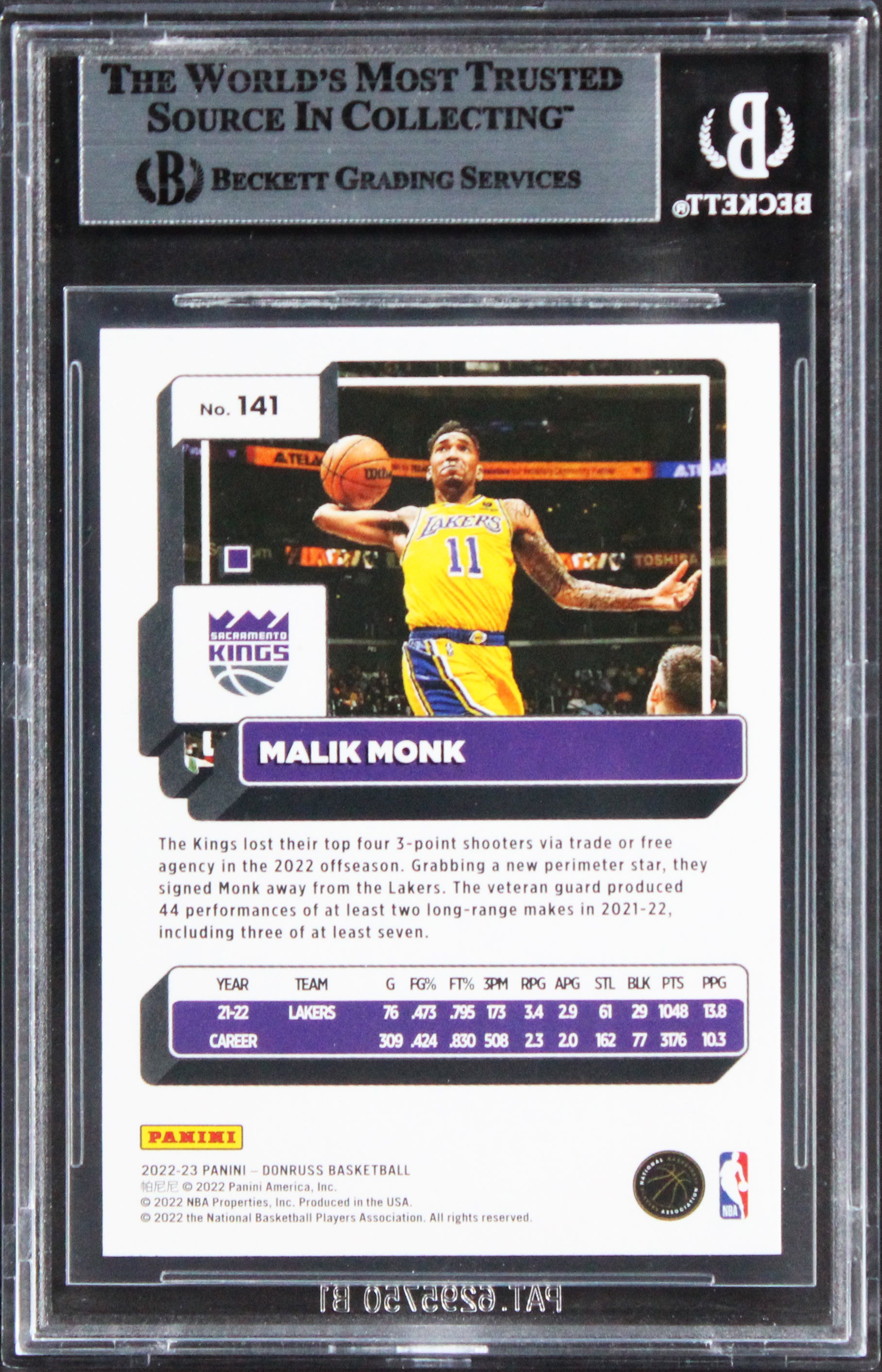 Kings Malik Monk Authentic Signed 2022 Donruss #141 Card BAS Slabbed