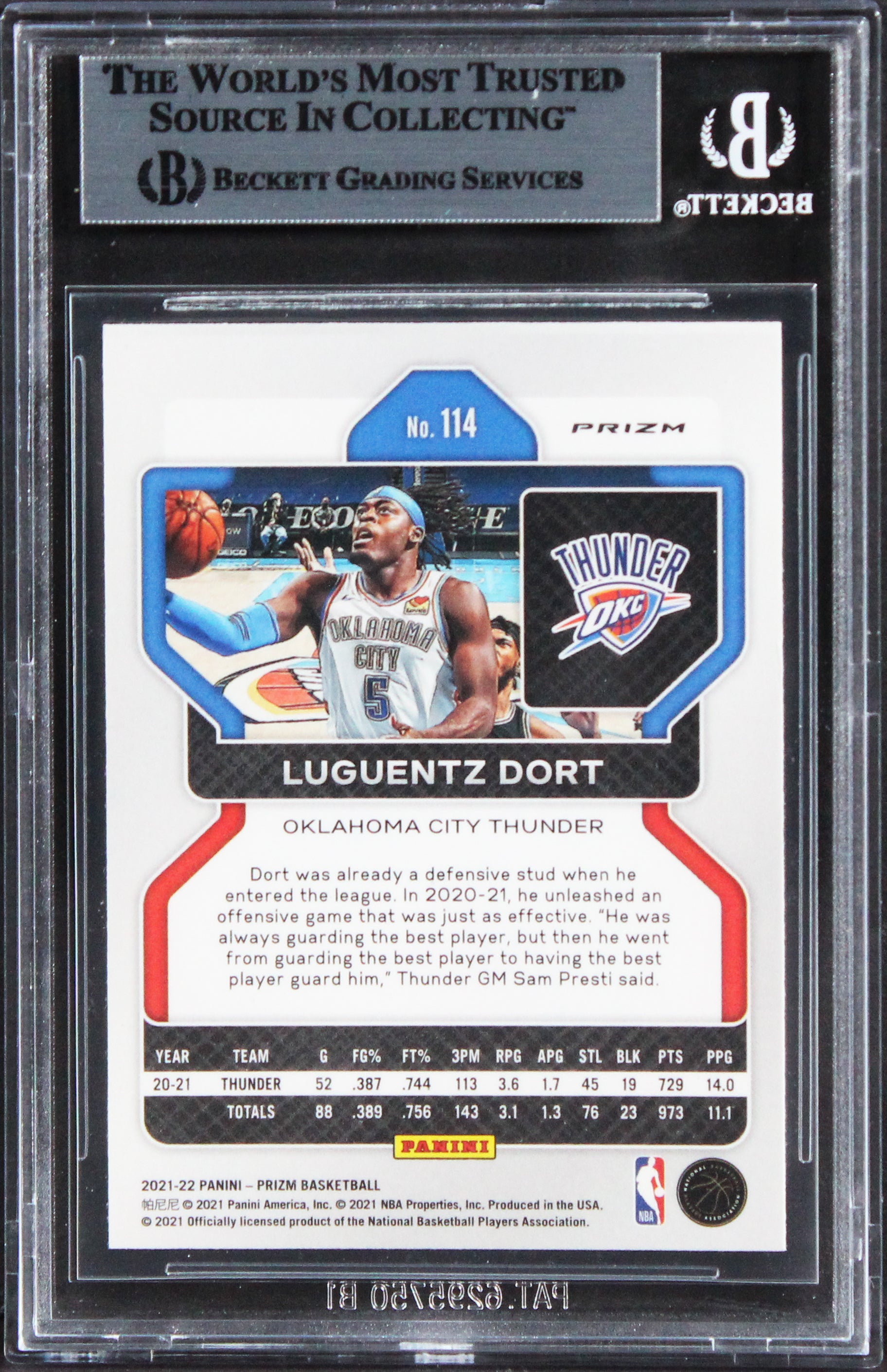 Thunder Luguentz Dort Signed 2021 Panini Prizm Orange Ice #114 Card BAS Slabbed