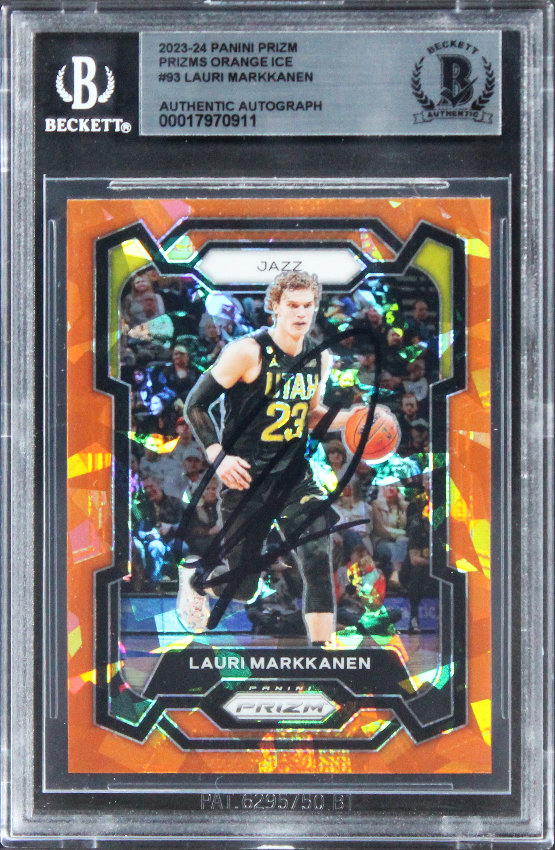 Jazz Lauri Markkanen Signed 2023 Panini Prizm Orange Ice #93 Card BAS Slabbed