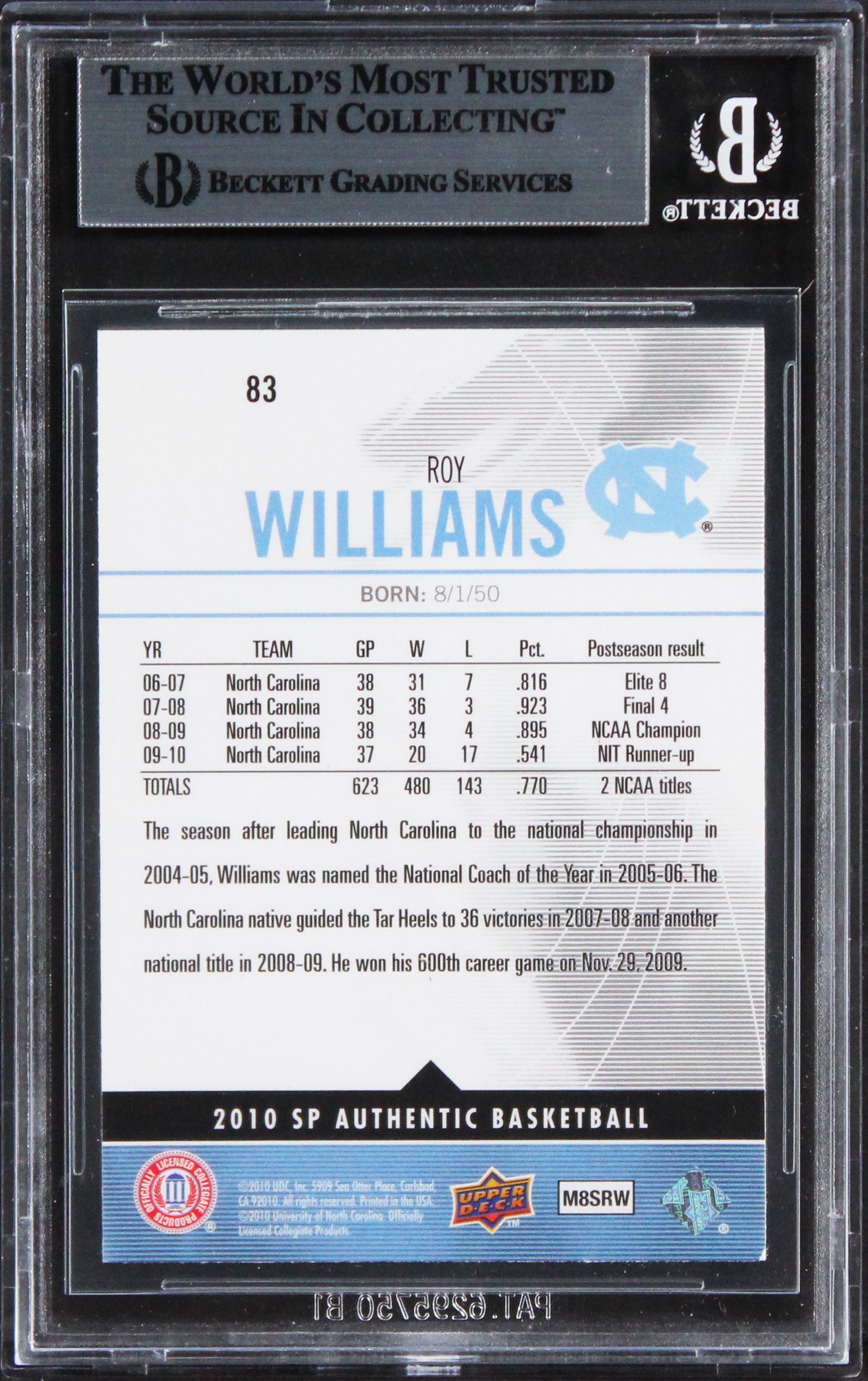 North Carolina Roy Williams Signed 2010 SP Authentic #83 Card BAS Slabbed