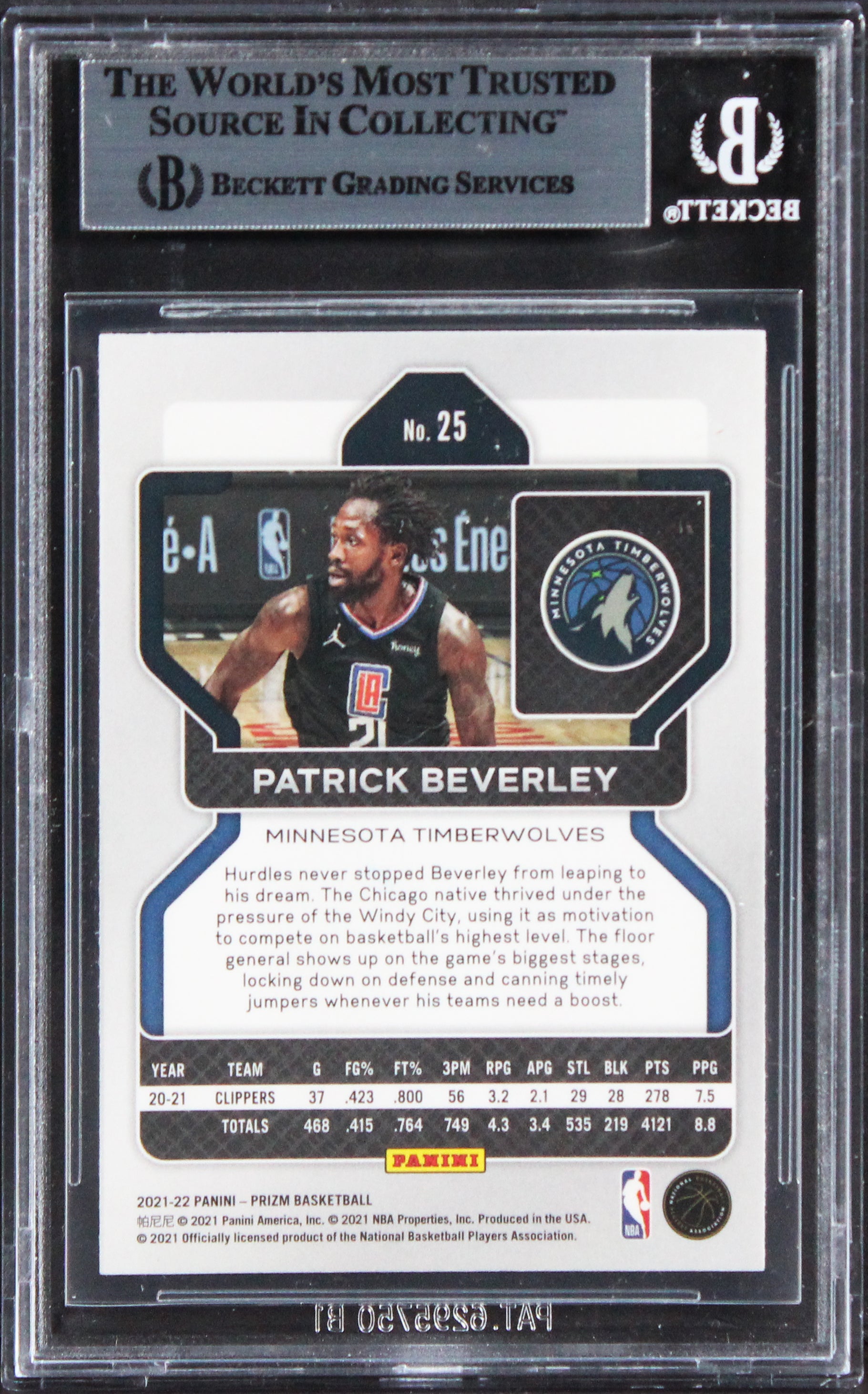 Clippers Patrick Beverley Signed 2021 Panini Prizm #25 Card BAS Slabbed