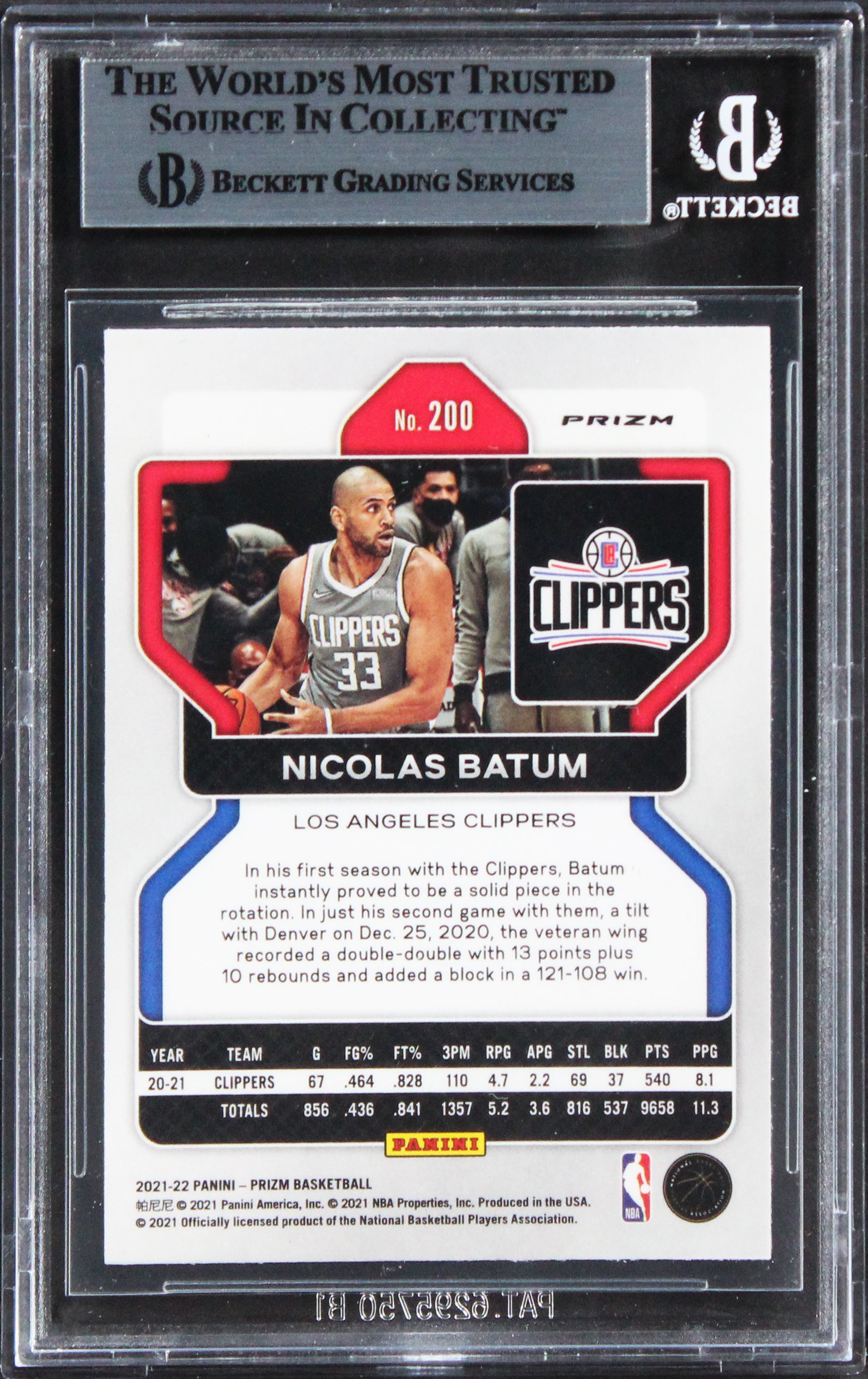 Clippers Nicolas Batum Signed 2021 Panini Prizm RWB #200 Card BAS Slabbed