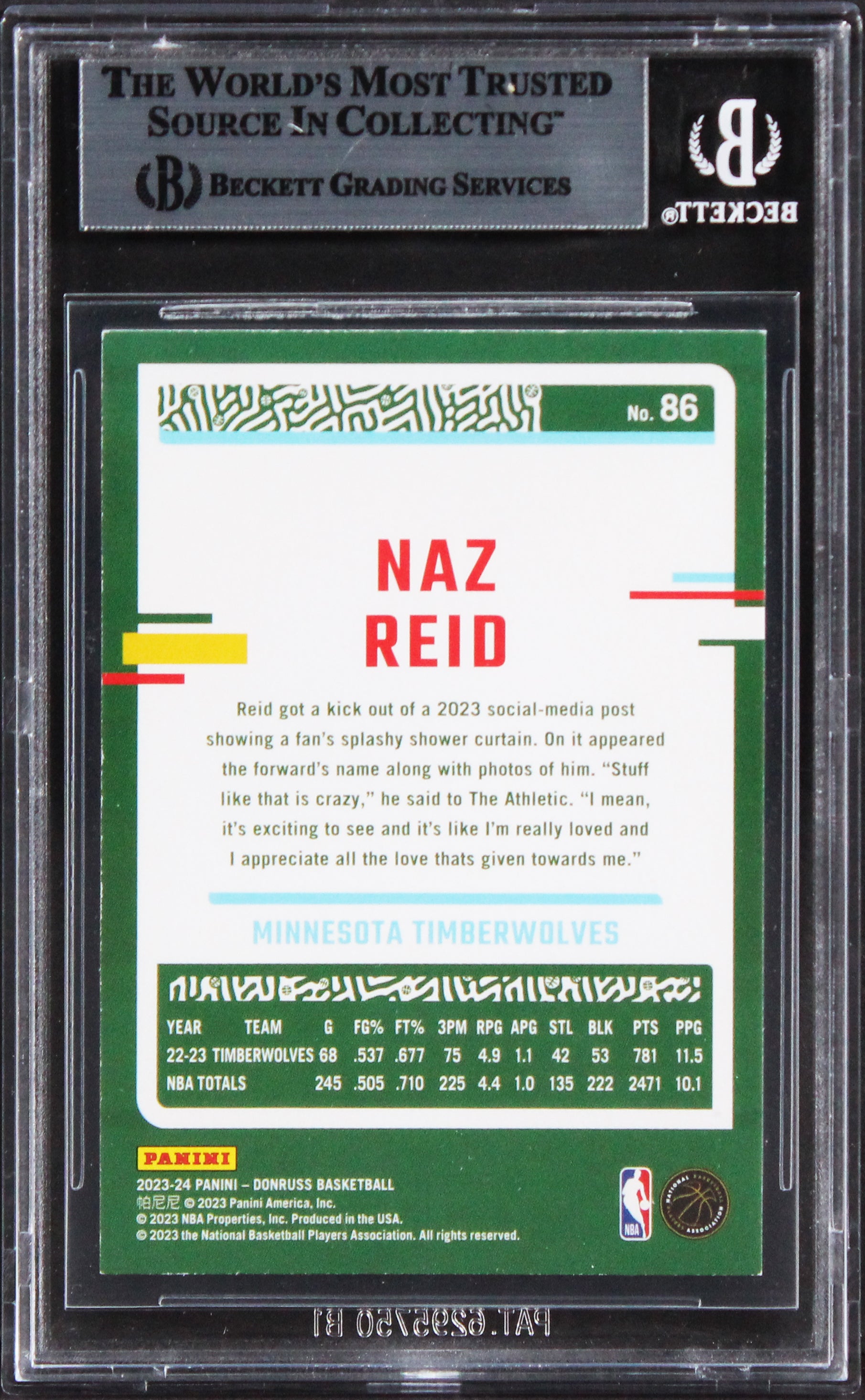 Timberwolves Naz Reid Authentic Signed 2023 Donruss #86 Card BAS Slabbed
