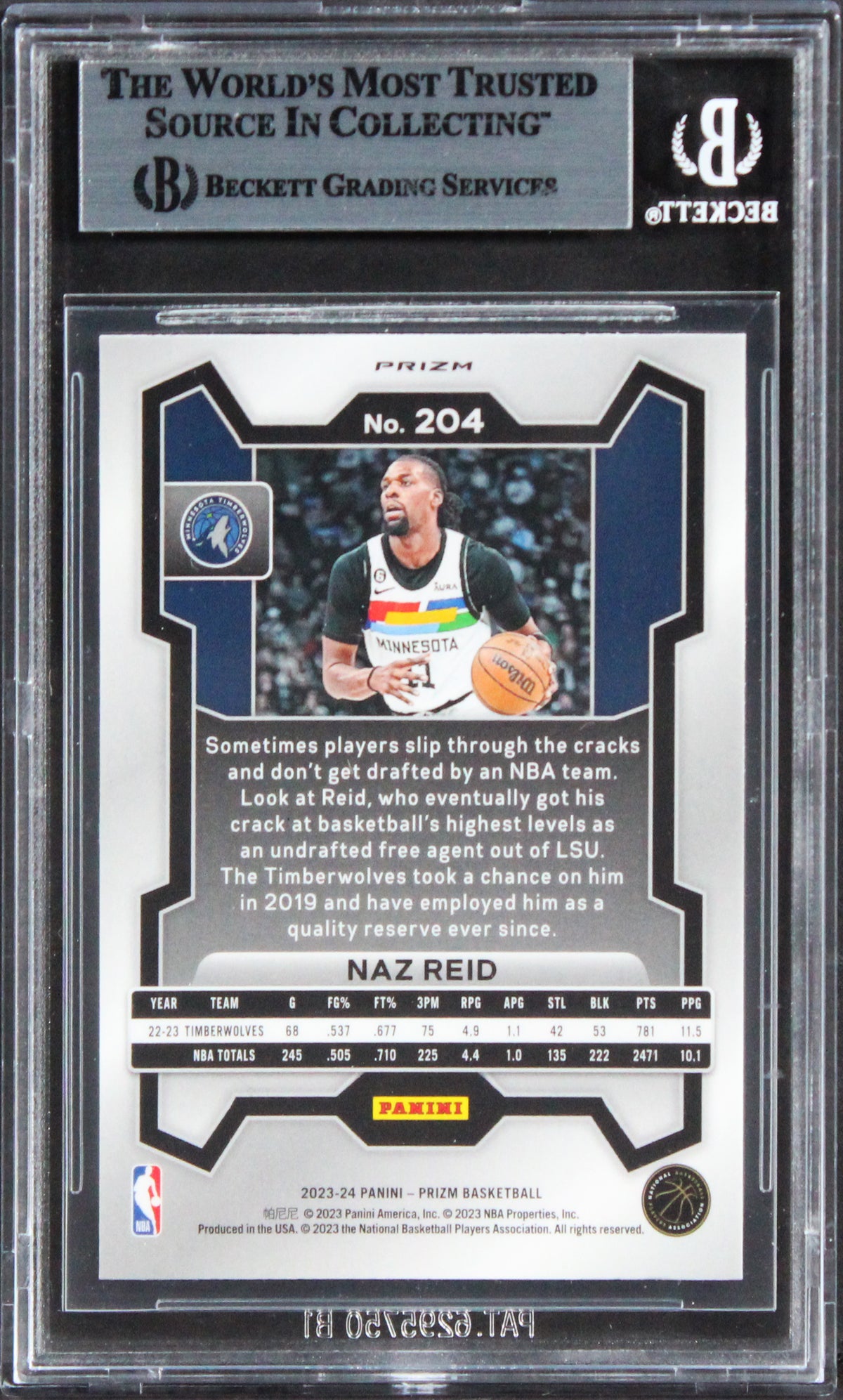 Timberwolves Naz Reid Signed 2023 Panini Prizm Prizms RWB #204 Card BAS Slabbed