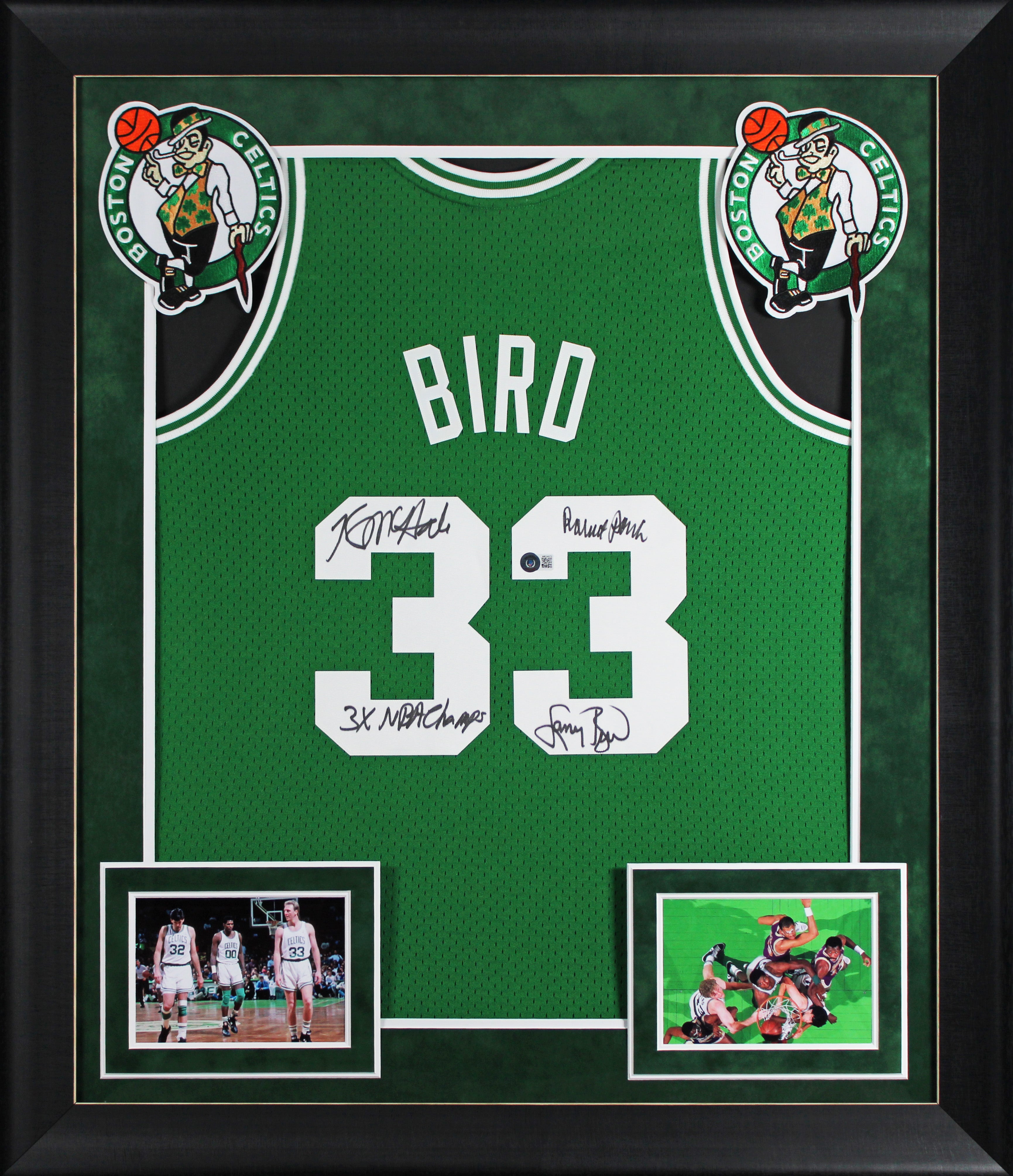 Celtics (3) Bird, Parish & McHale Signed Green M&N Swingman Framed Jersey BAS W