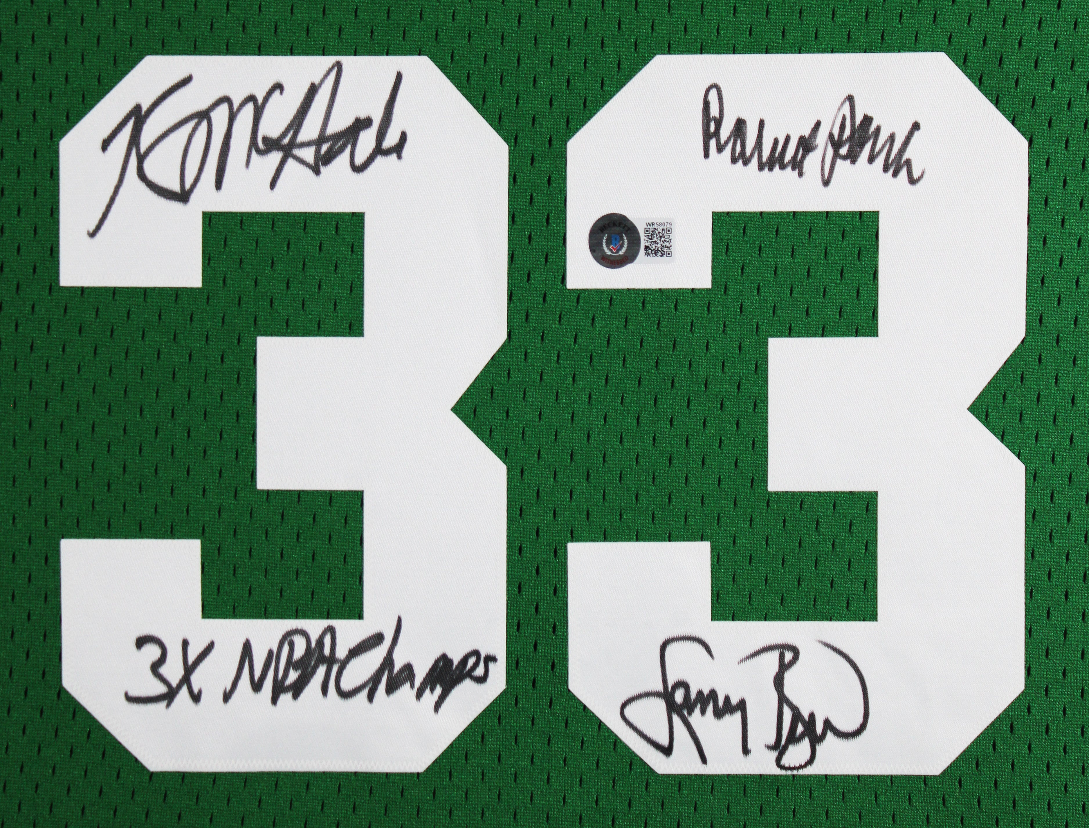 Celtics (3) Bird, Parish & McHale Signed Green M&N Swingman Framed Jersey BAS W
