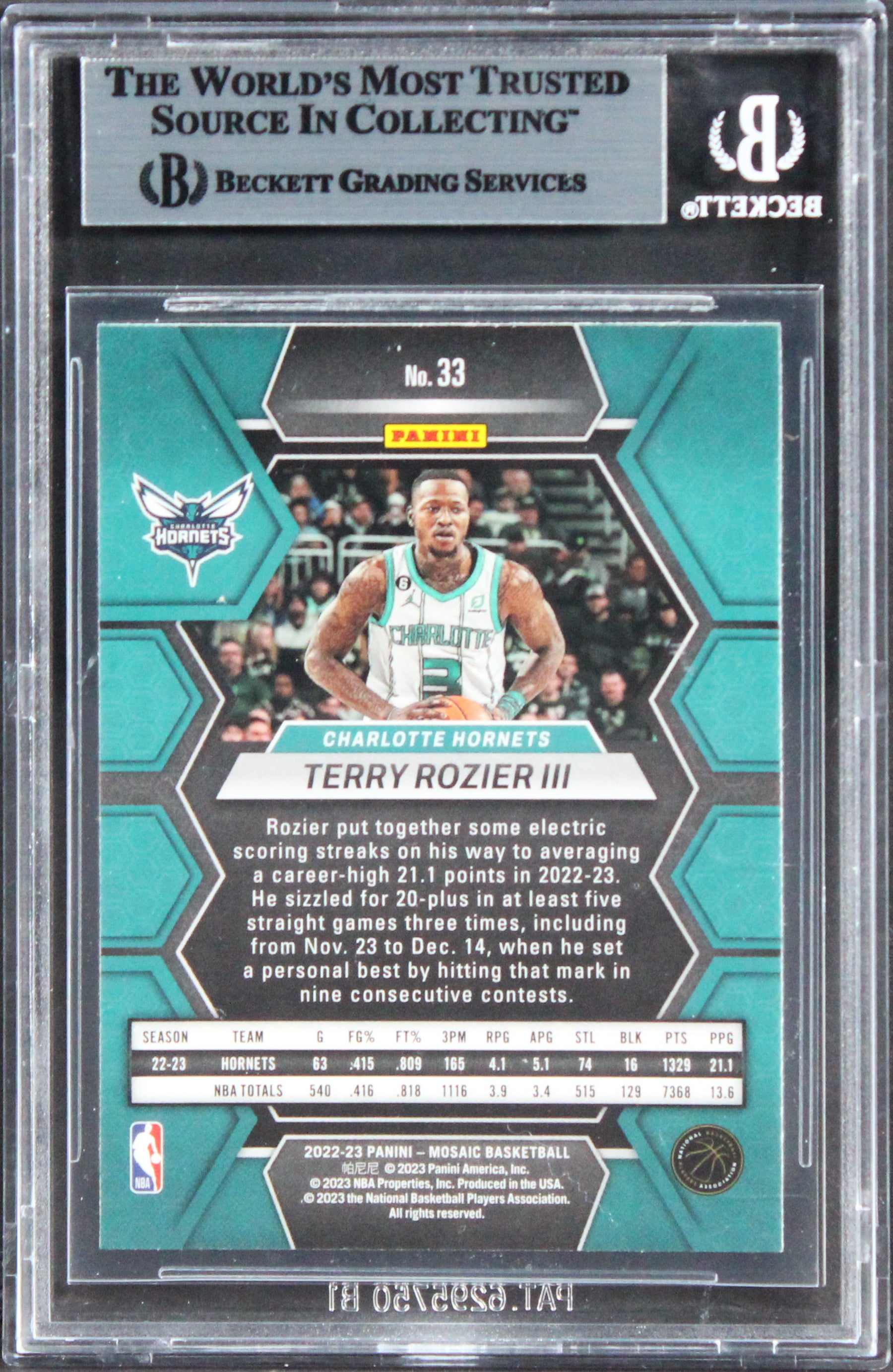 Hornets Terry Rozier III Signed 2022 Panini Mosaic #33 Card BAS Slabbed