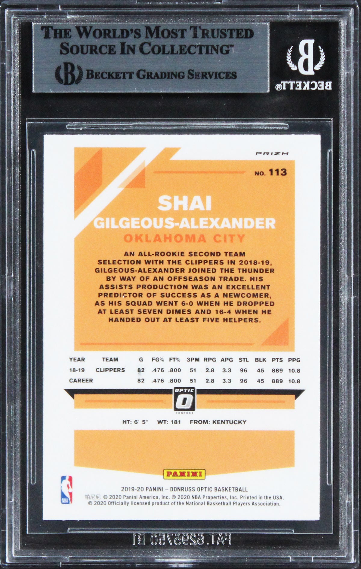Thunder Shai Gilgeous-Alexander Signed 2019 Donruss Optic BV #113 Card BAS Slab