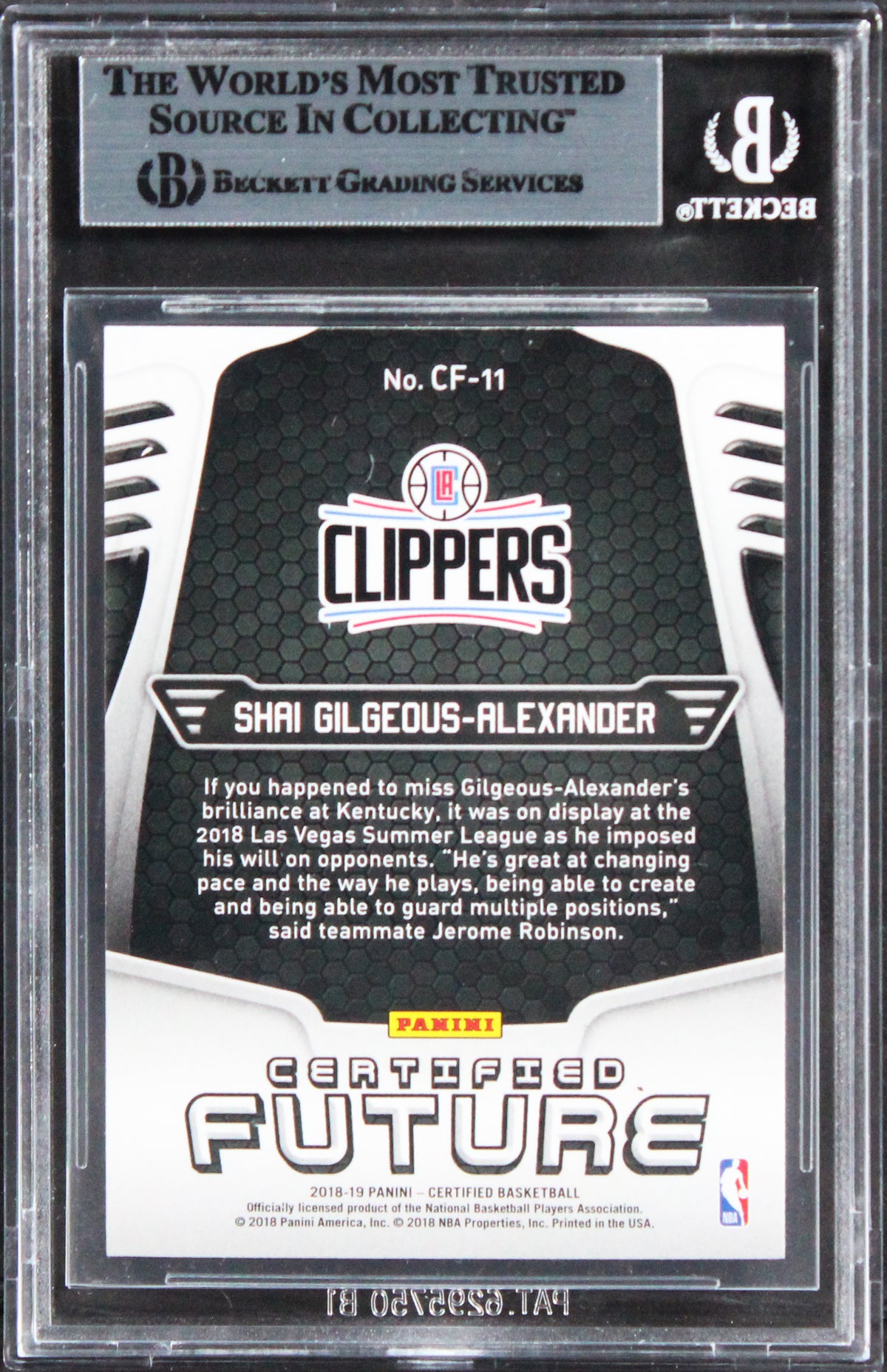Shai Gilgeous-Alexander Signed 2018 Certified CF #CF11 Rookie Card BAS Slabbed