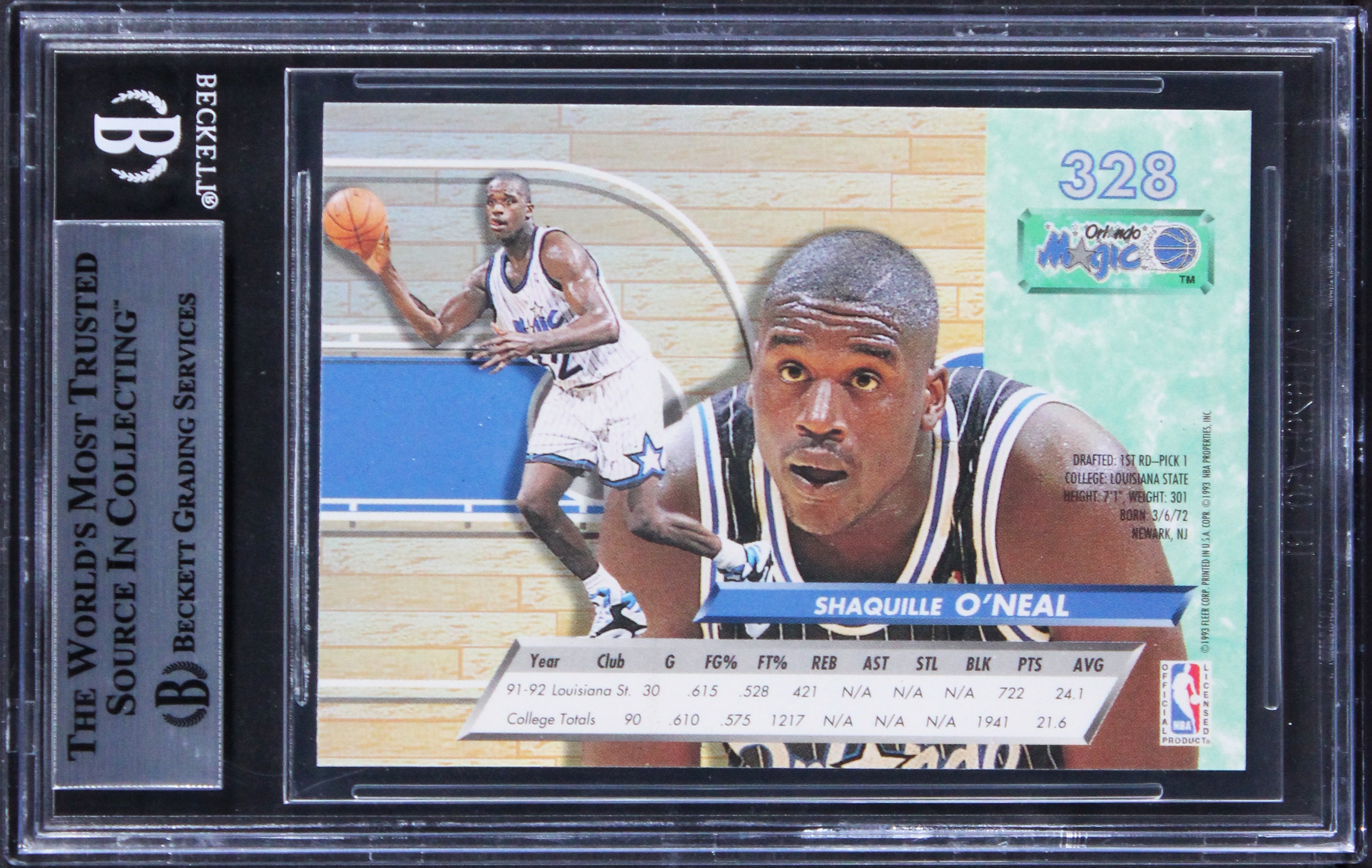 Magic Shaquille O'Neal Authentic Signed 1992 Ultra #328 Rookie Card BAS Slabbed