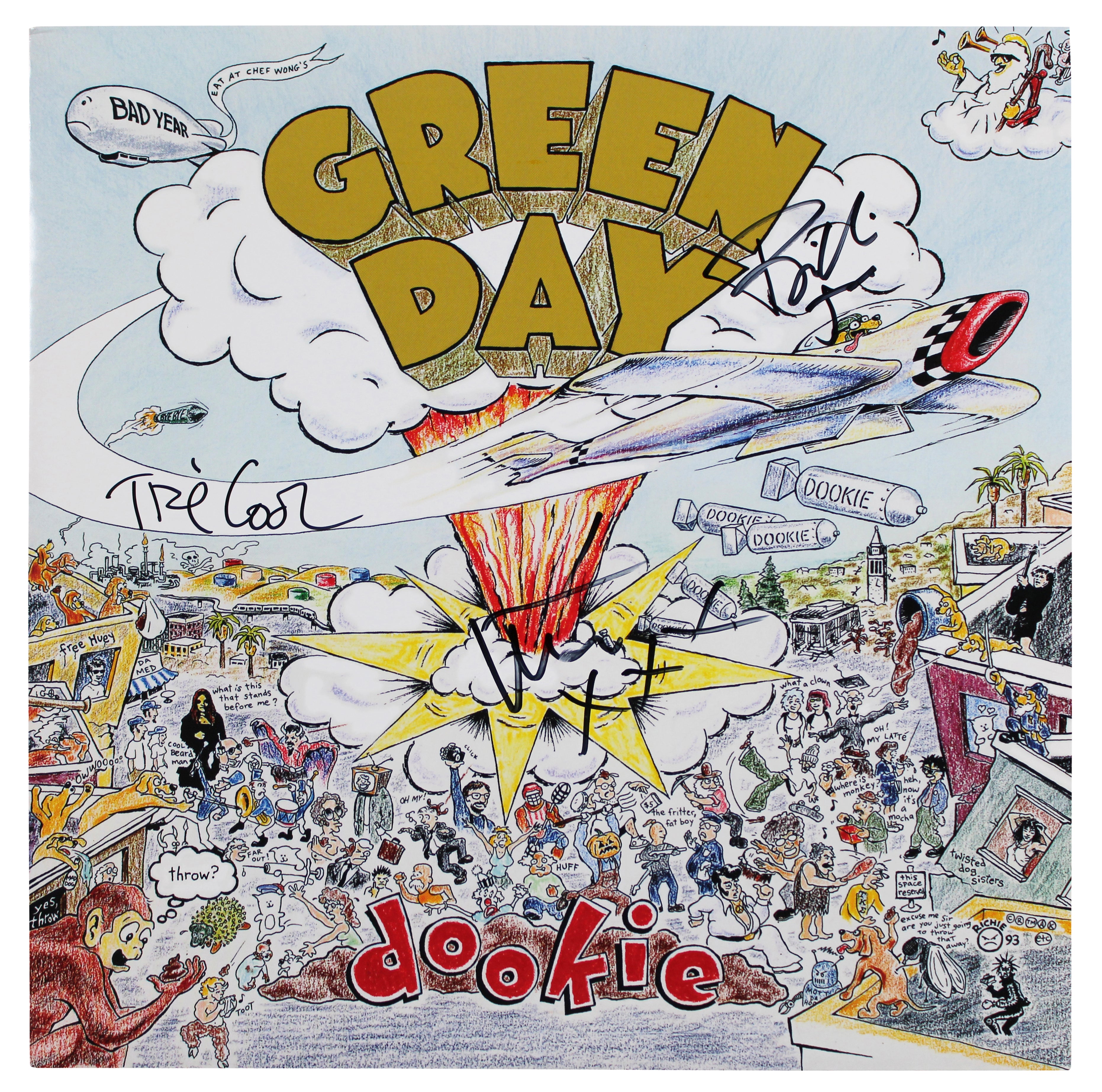 Green Day (3) Armstrong, Dirnt & Cool Signed Dookie Album Cover W/ Vinyl BAS
