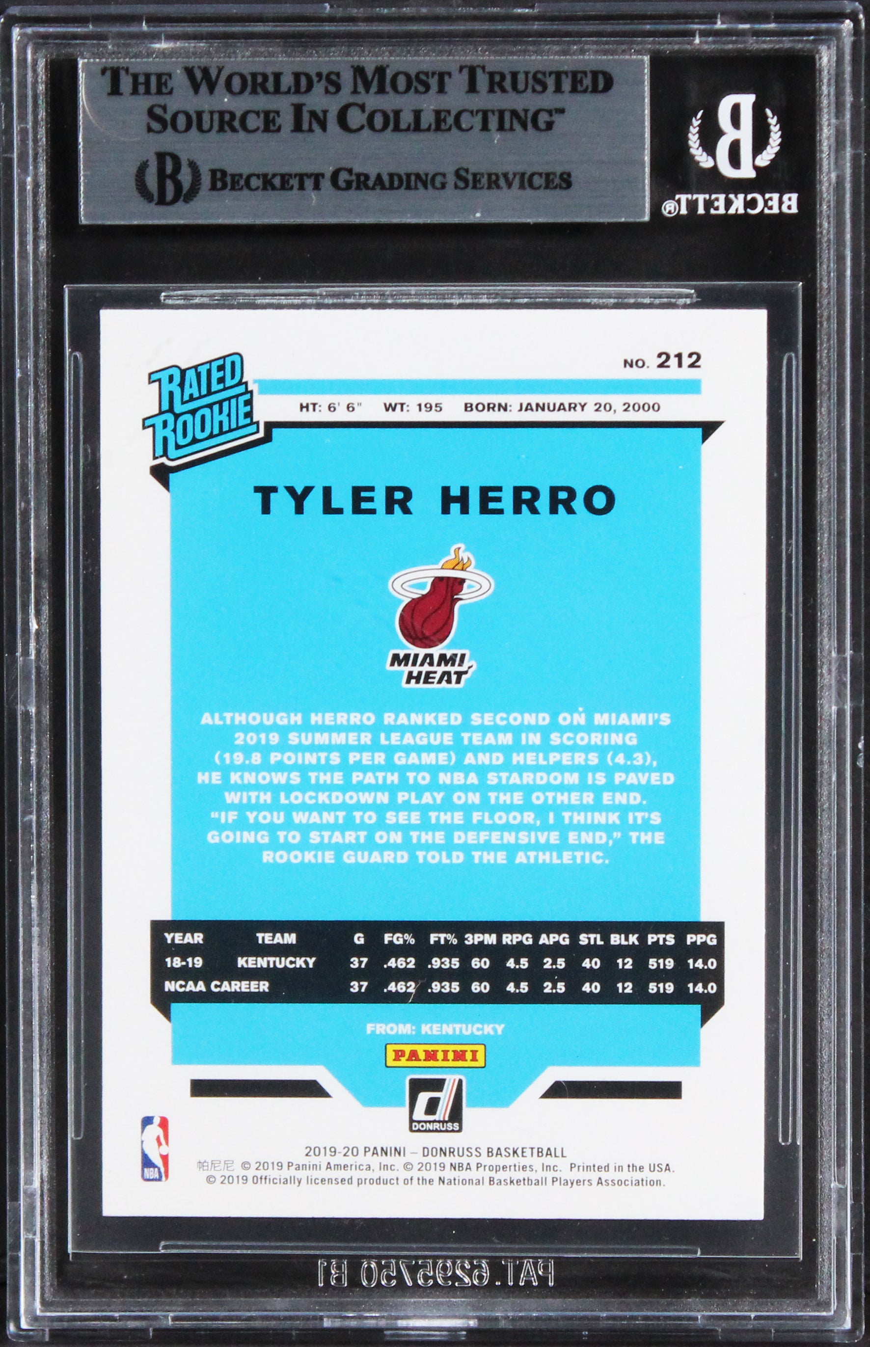 Heat Tyler Herro Authentic Signed 2019 Donruss #212 Rookie Card BAS Slabbed