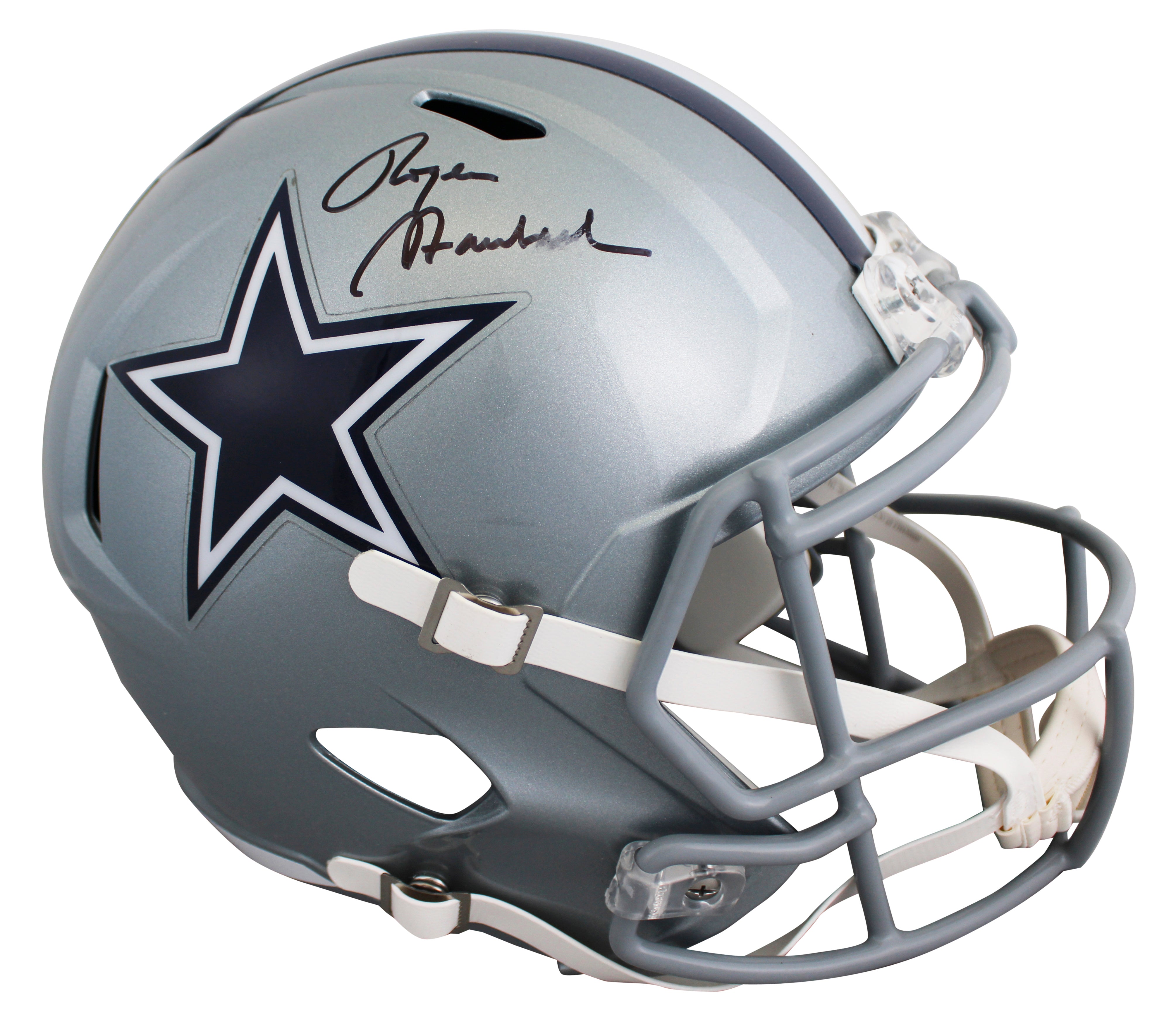 Cowboys Roger Staubach Signed Silver Full Size Speed Rep Helmet BAS W #4W510229