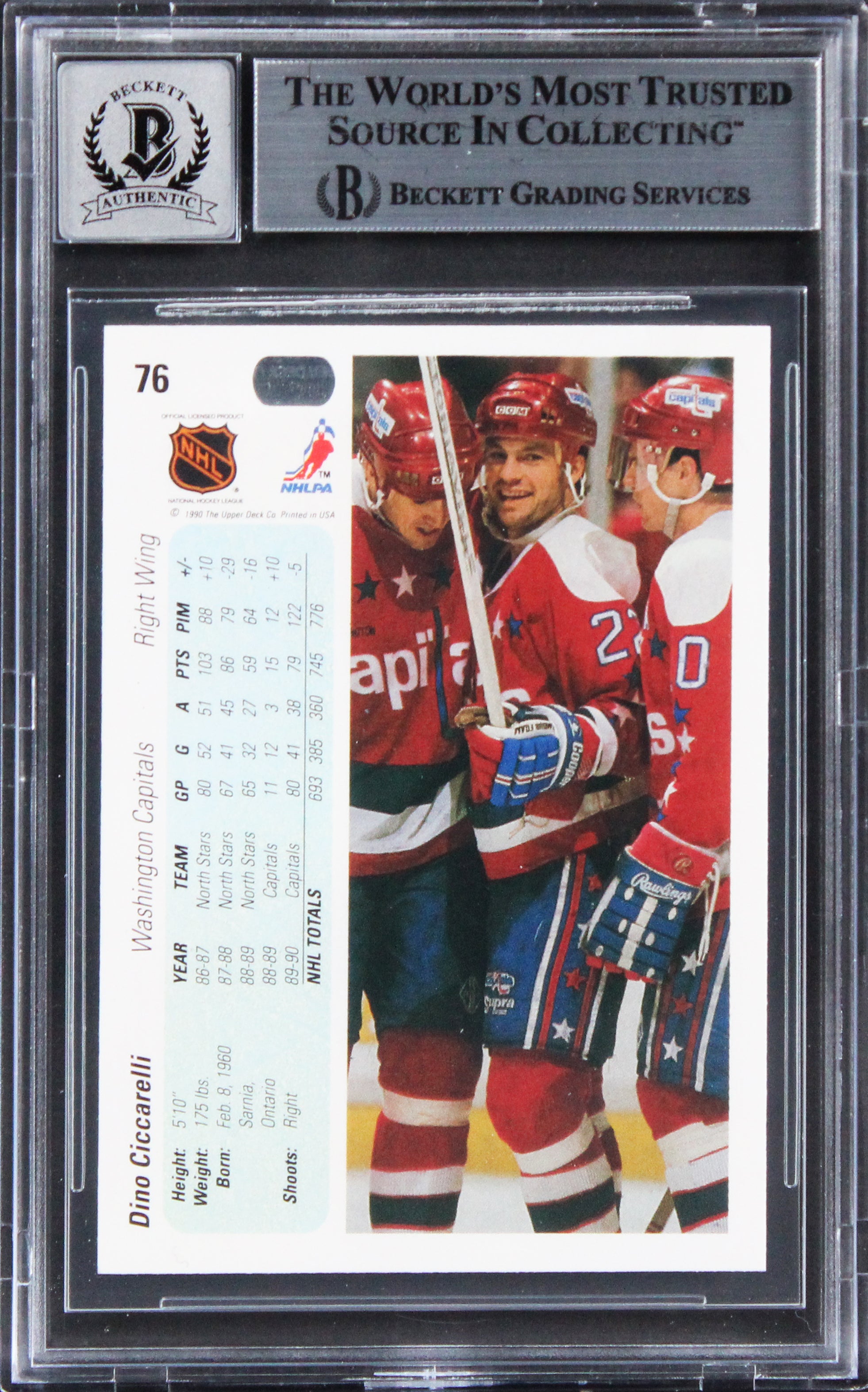 Capitals Dino Ciccarelli Signed 1990 Upper Deck #76 Card Auto 10! BAS Slabbed