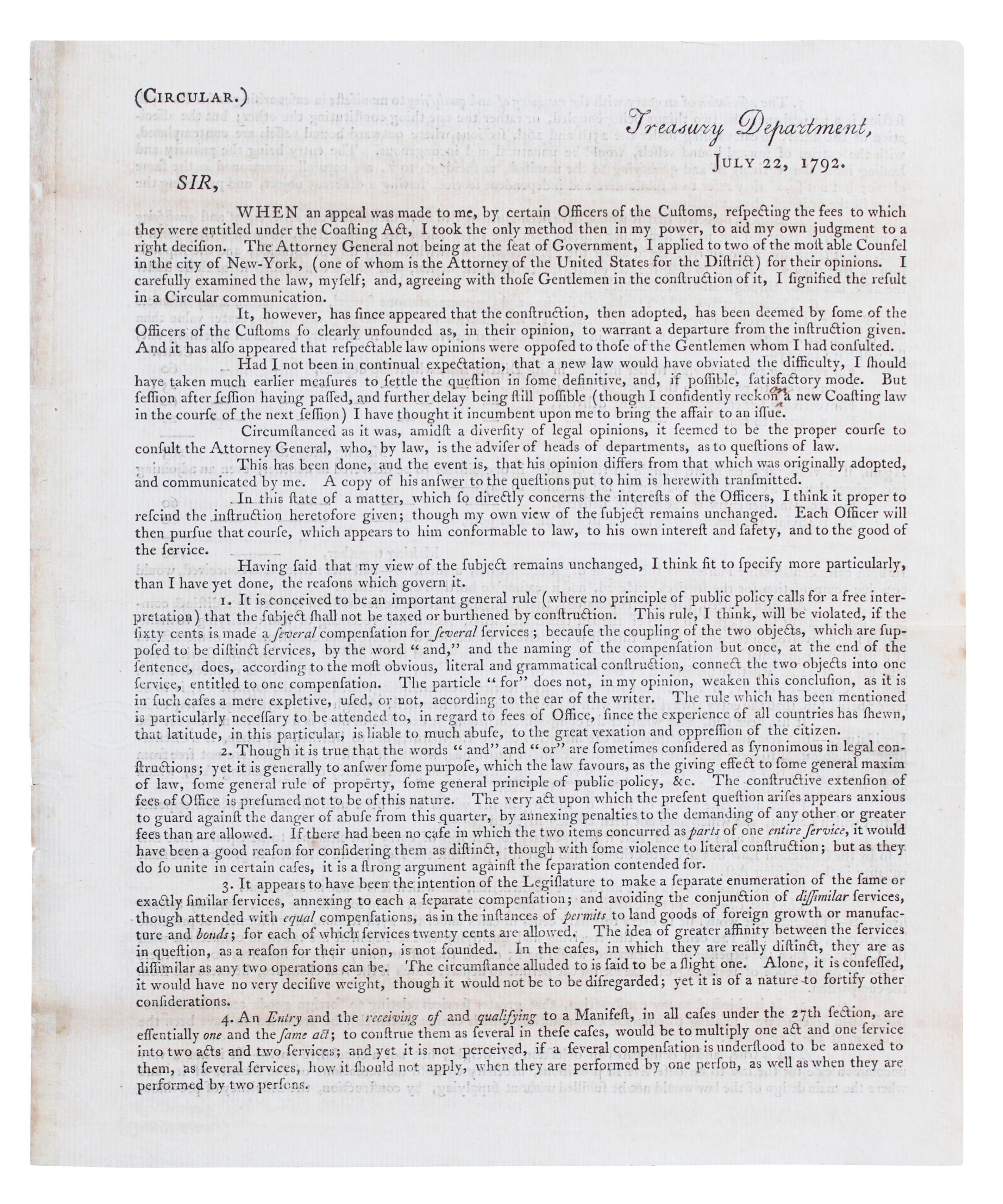 Alexander Hamilton Signed 7.5x9 1792 Treasury Department Circular BAS #AG010005