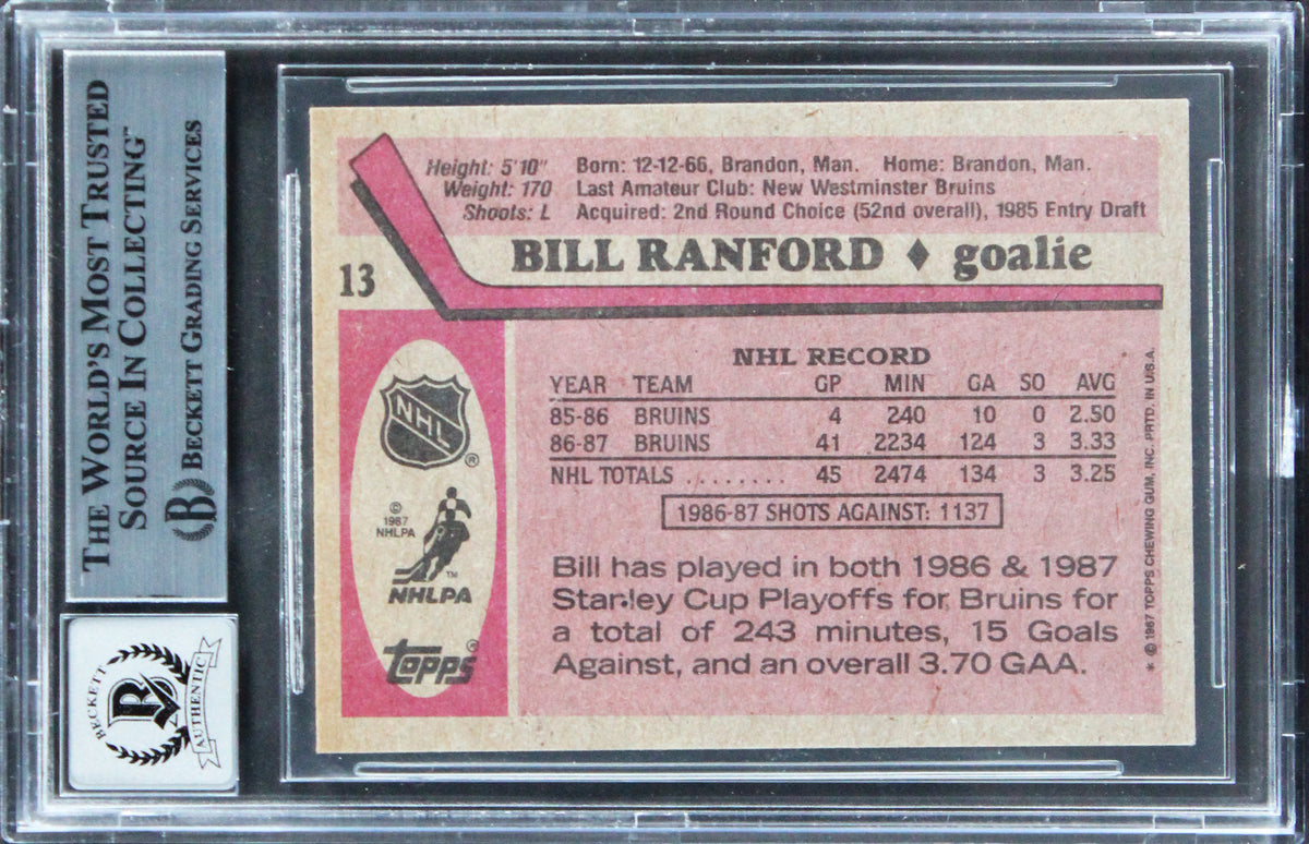 Bruins Bill Ranford Signed 1987 Topps #13 Card Auto Gem Mint 10! BAS Slabbed