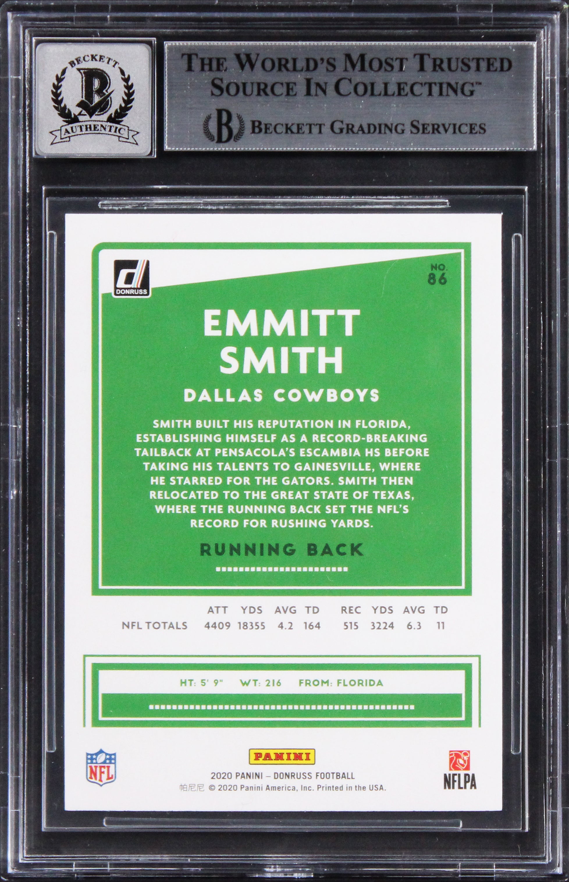 Cowboys Emmitt Smith Signed 2020 Donruss #86 Card Auto Gem Mint 10! BAS Slabbed