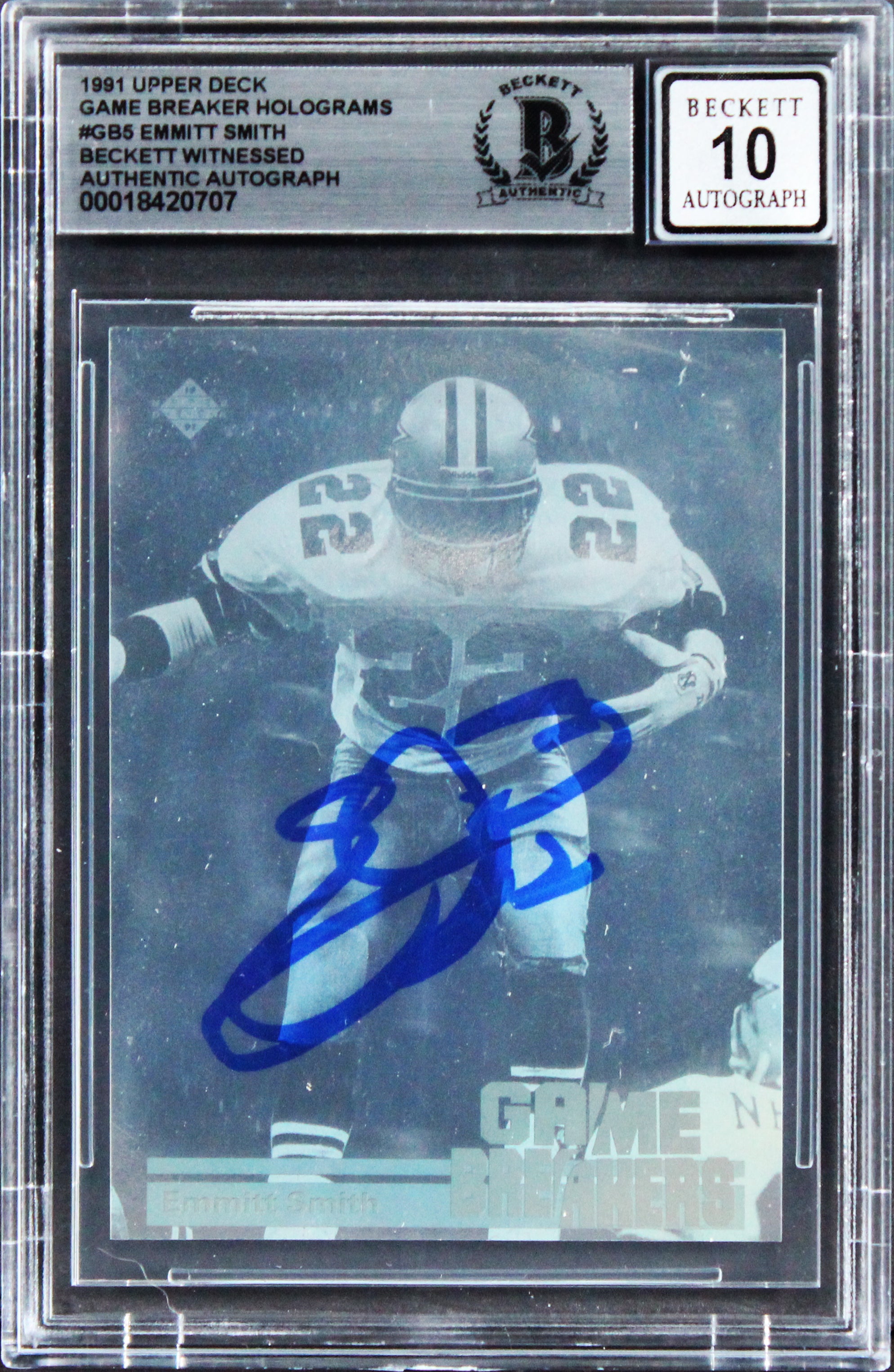 Emmitt Smith Signed 1991 UD Game Breaker Hologram #GB5 Card Auto 10! BAS Slabbed