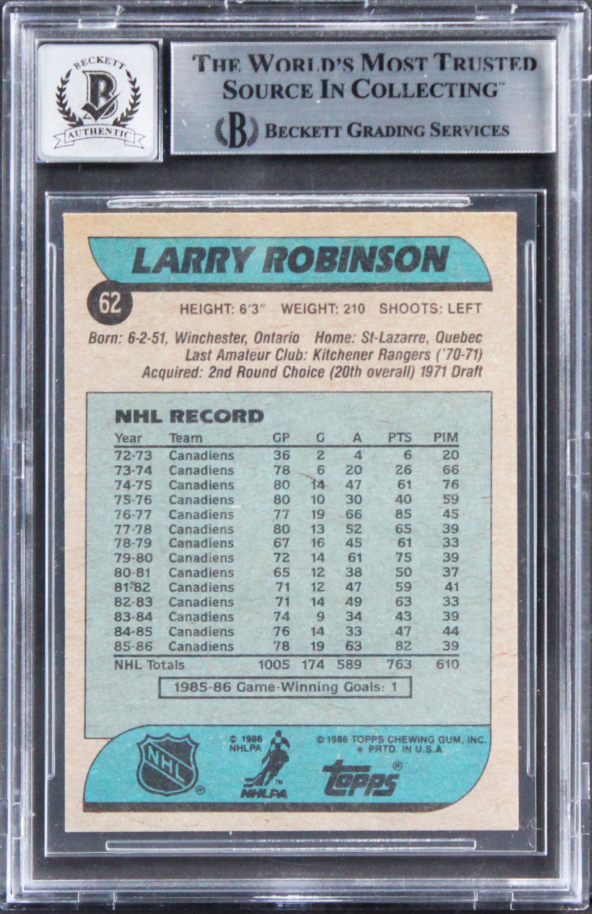 Canadiens Larry Robinson Signed 1986 Topps #62 Card Auto Graded 10! BAS Slabbed