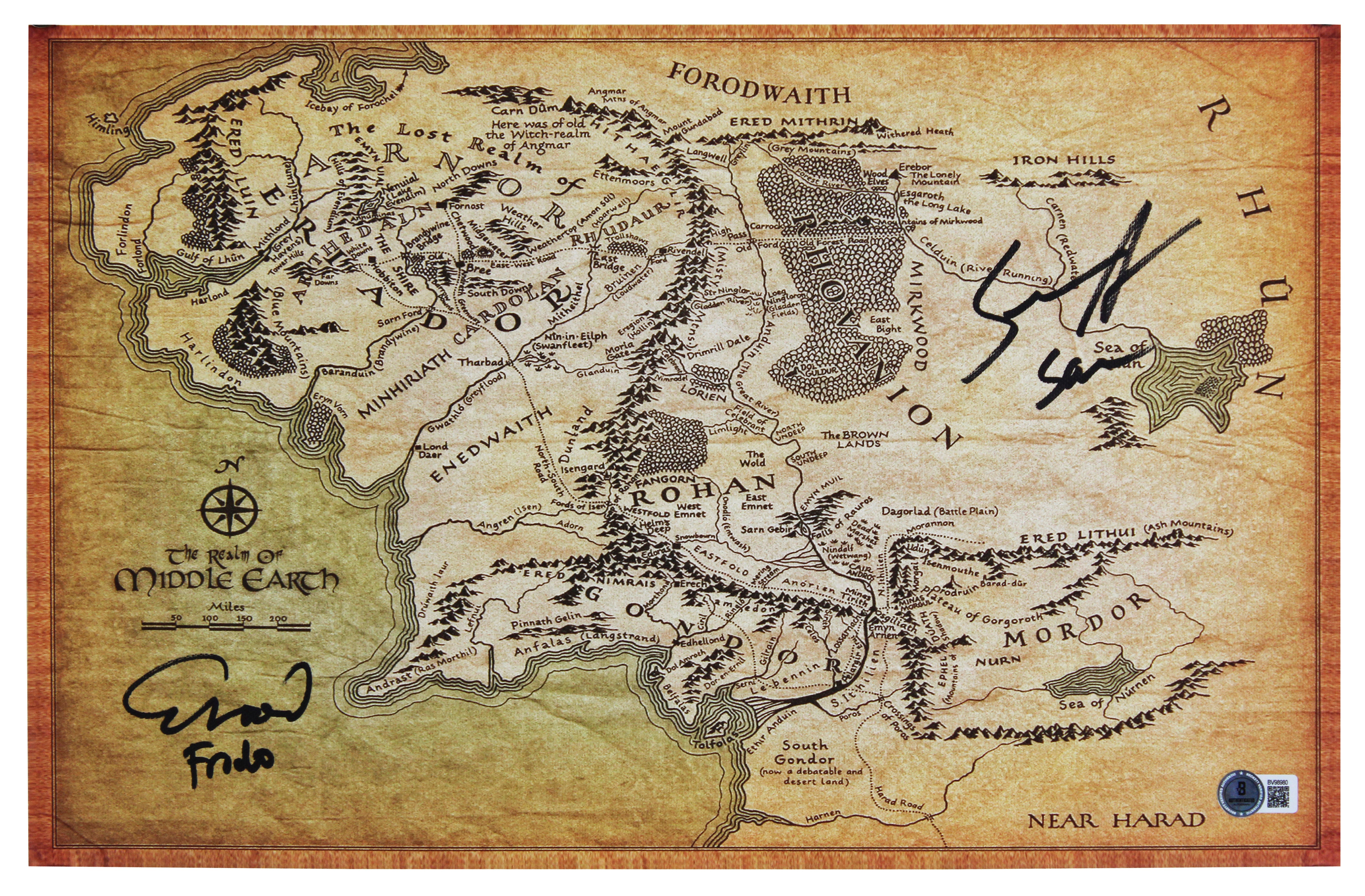 Elijah Wood & Sean Astin LOTR Signed 11x17 Realm of Middle Earth Canvas Map BAS