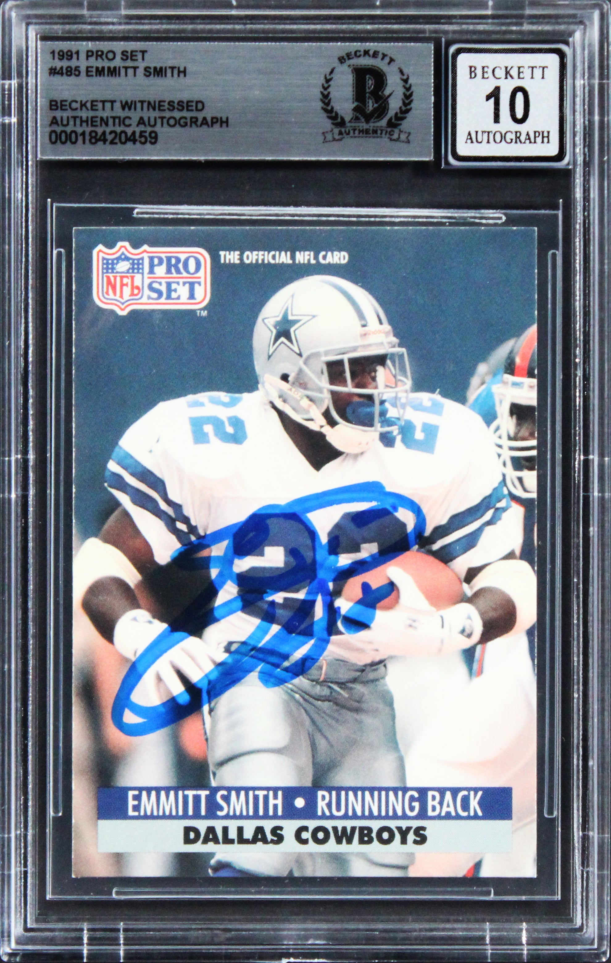 Cowboys Emmitt Smith Signed 1991 Pro Set #485 Card Auto Gem Mint 10! BAS Slabbed