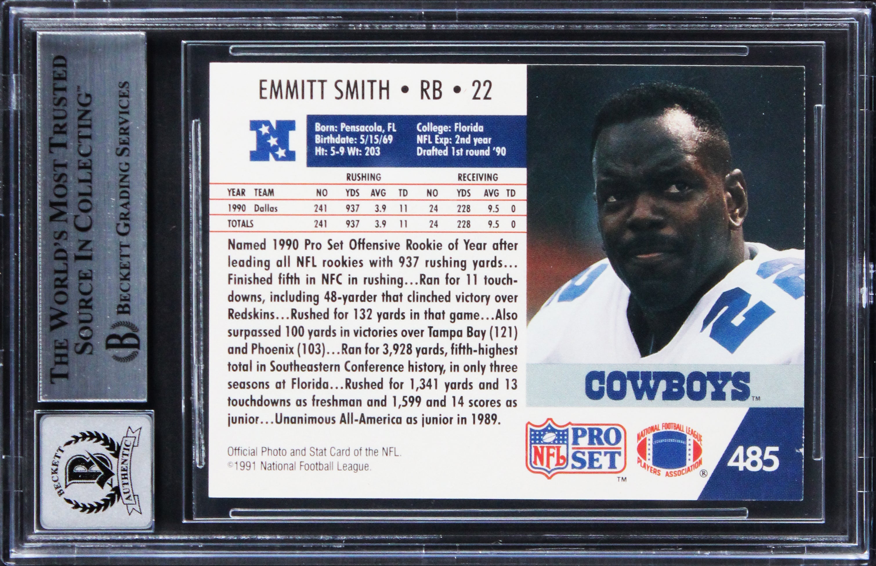 Cowboys Emmitt Smith Signed 1991 Pro Set #485 Card Auto Gem Mint 10! BAS Slabbed