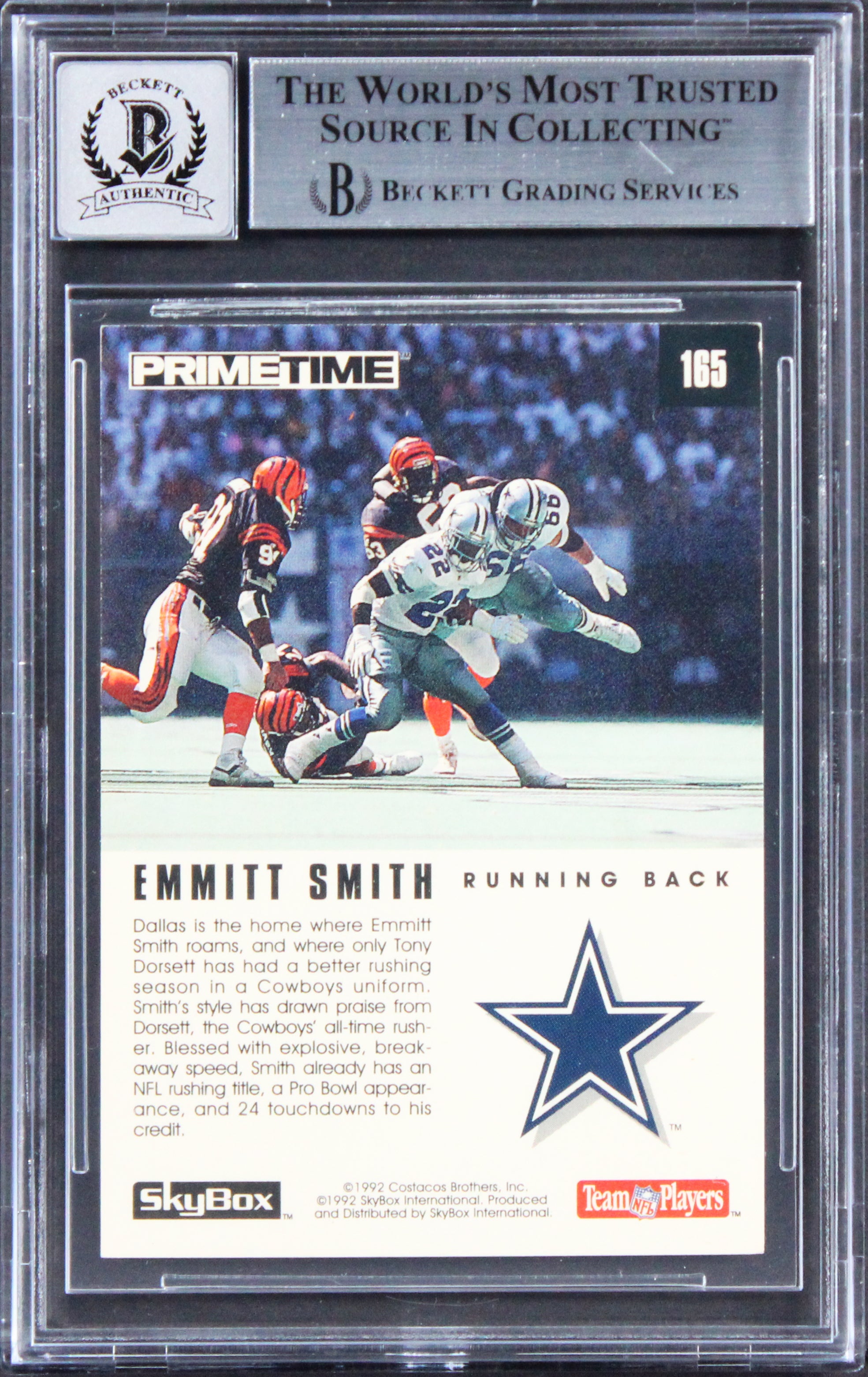 Emmitt Smith Signed 1992 SkyBox Prime Time #165 Card Auto Grade 10! BAS Slabbed