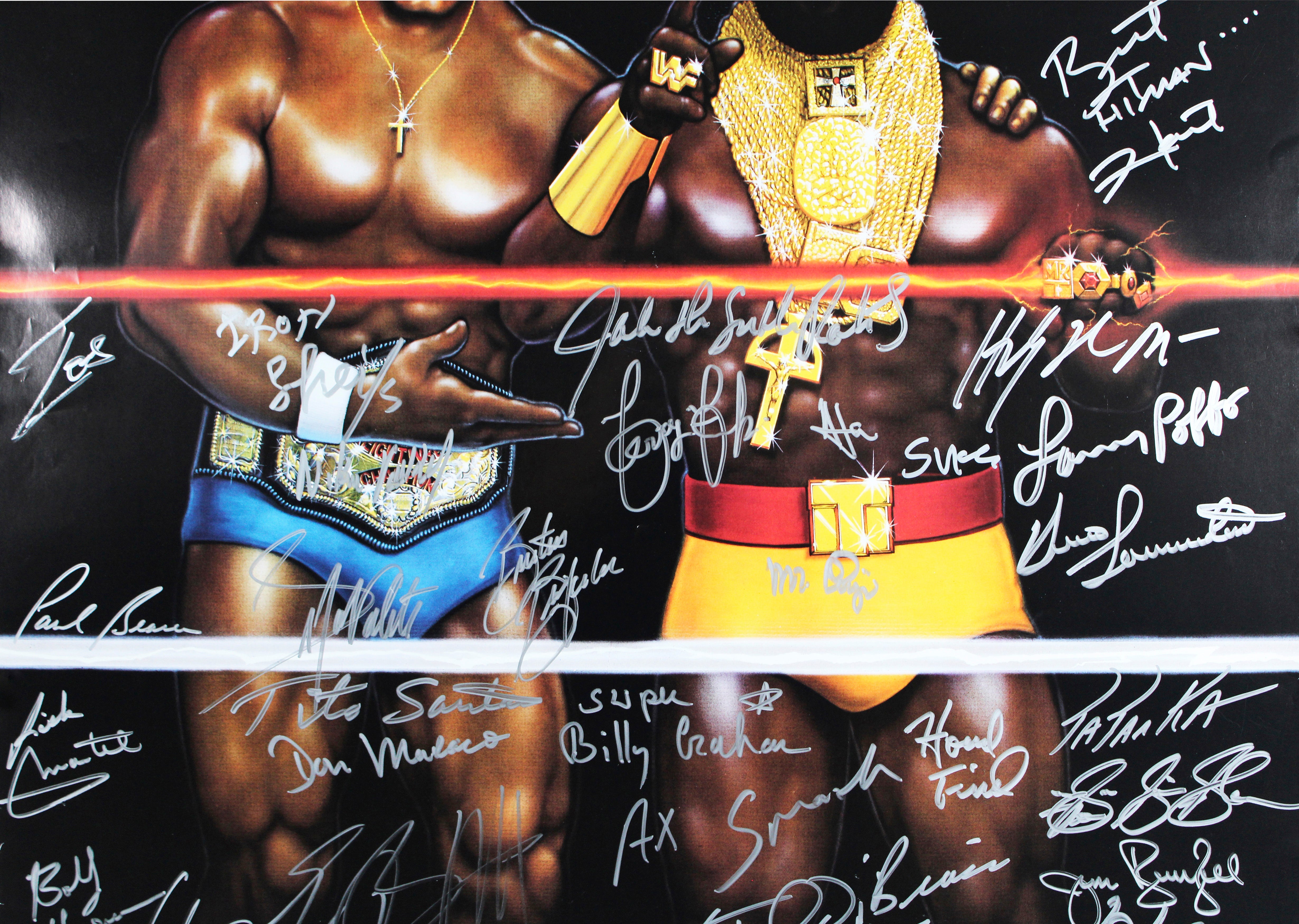 WrestleMania I (33) Hogan, Hart, Piper, Poffo, Bearer Signed 27x40 Poster BAS