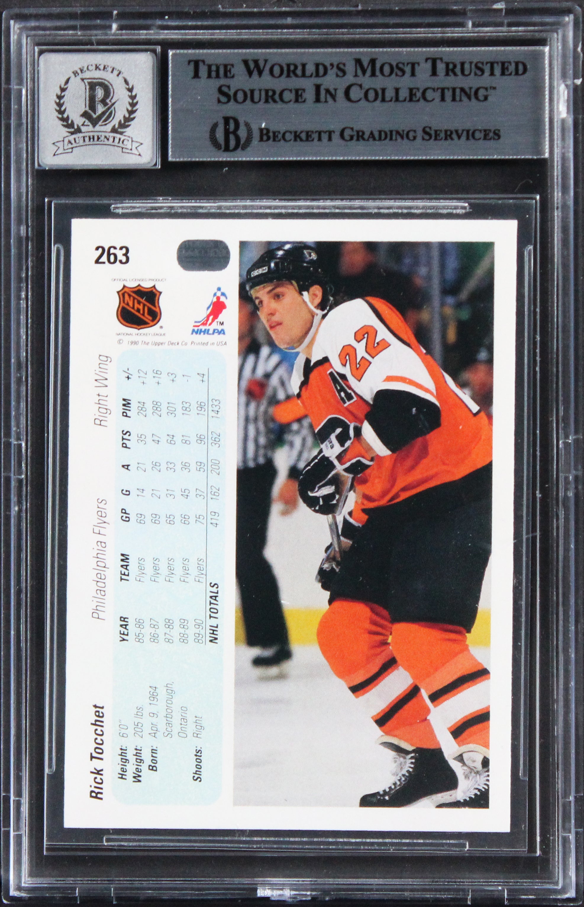 Flyers Rick Tocchet Signed 1990 Upper Deck #263 Card Auto Graded 10! BAS Slabbed