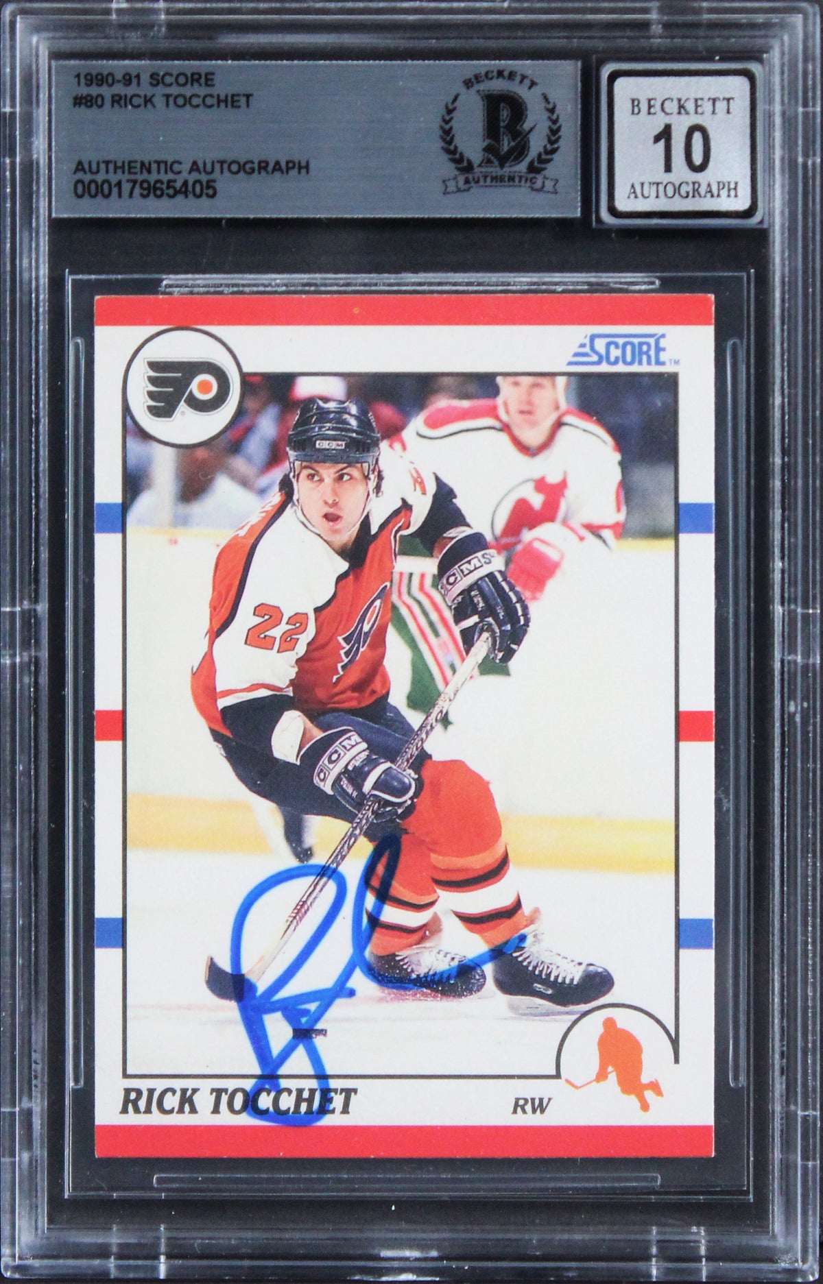 Flyers Rick Tocchet Signed 1990 Score #80 Card Auto Graded Mint 10! BAS Slabbed