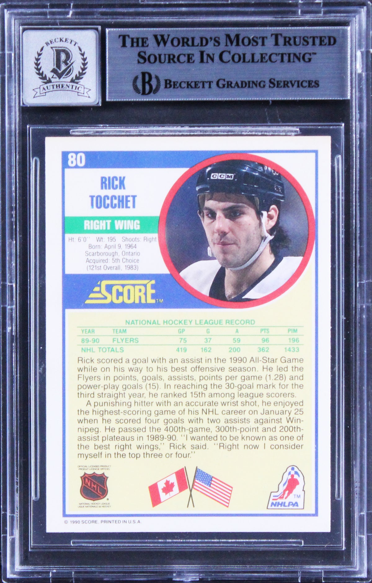 Flyers Rick Tocchet Signed 1990 Score #80 Card Auto Graded Mint 10! BAS Slabbed