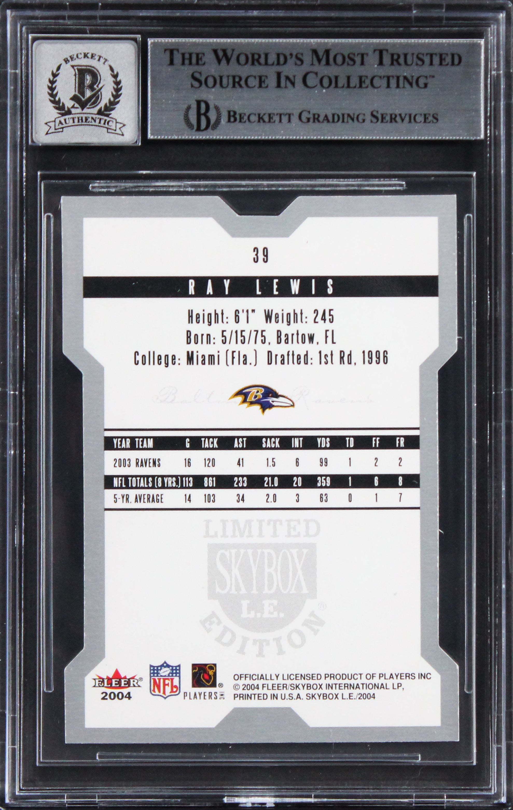 Ravens Ray Lewis Signed 2004 SkyBox LE #39 Card Auto Graded GM 10! BAS Slabbed