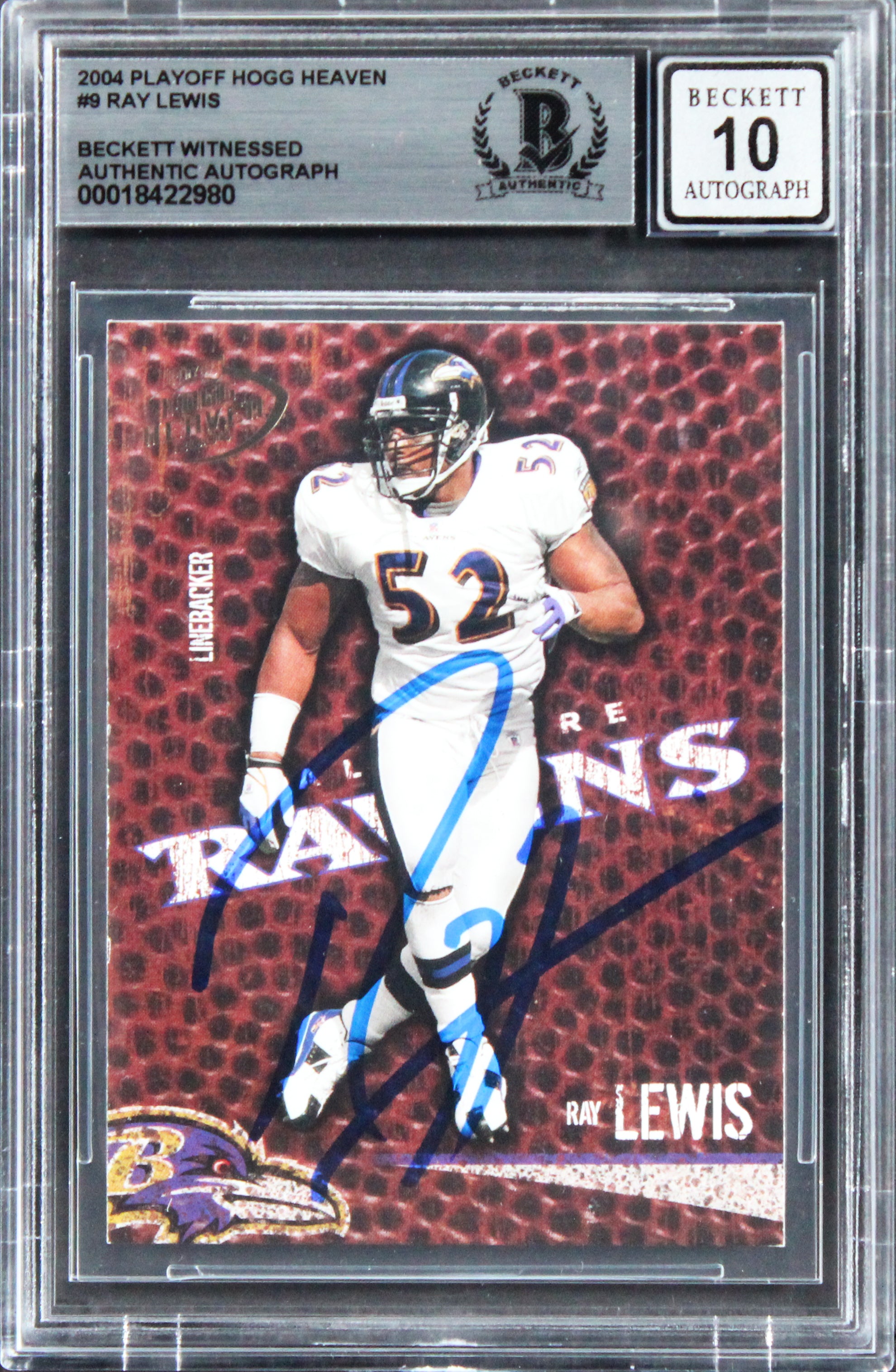 Ravens Ray Lewis Signed 2004 Playoff Hogg Heaven #9 Card Auto GM 10! BAS Slabbed