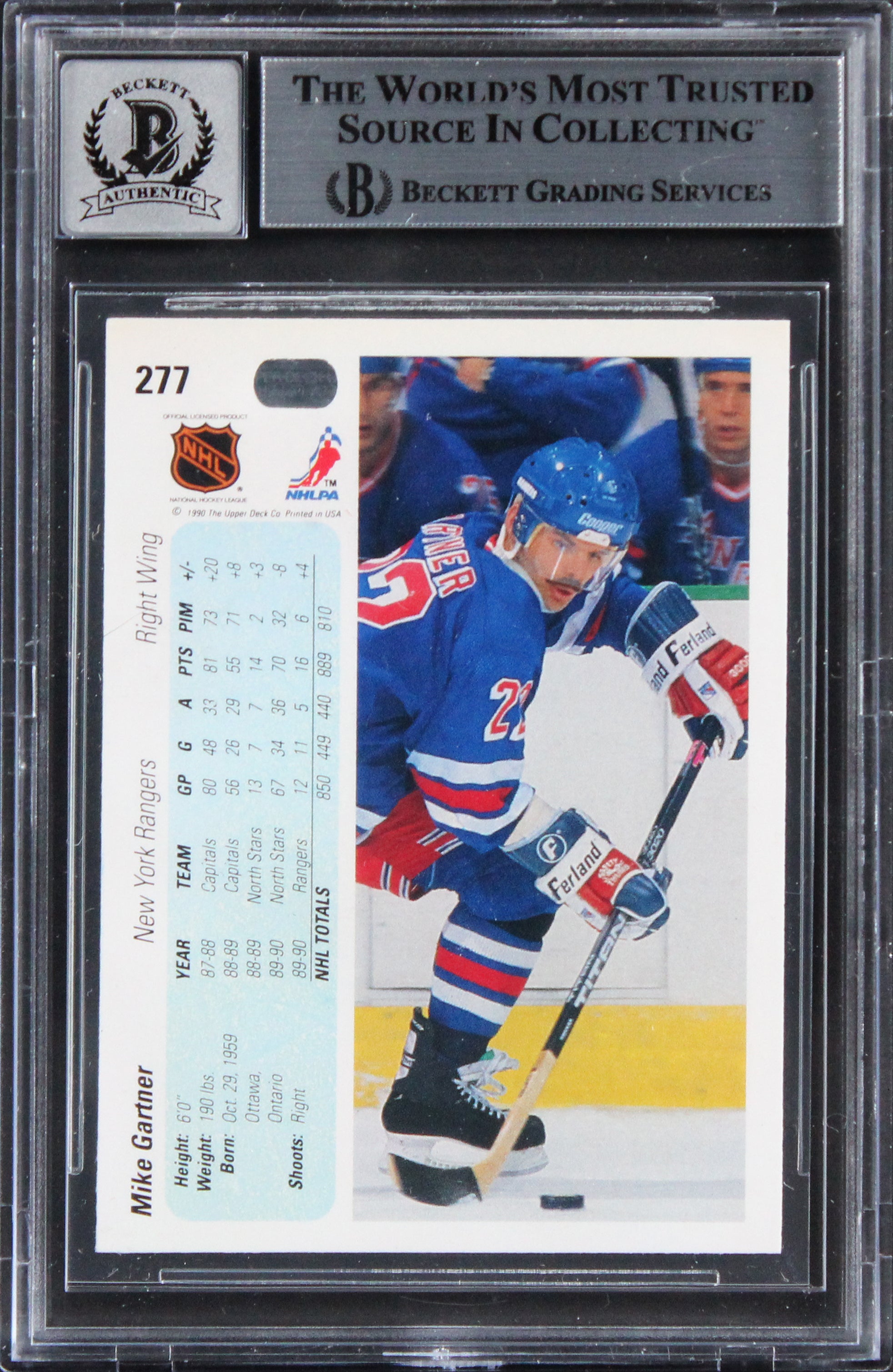 Rangers Mike Gartner Signed 1990 Upper Deck #277 Card Auto 10! BAS Slabbed