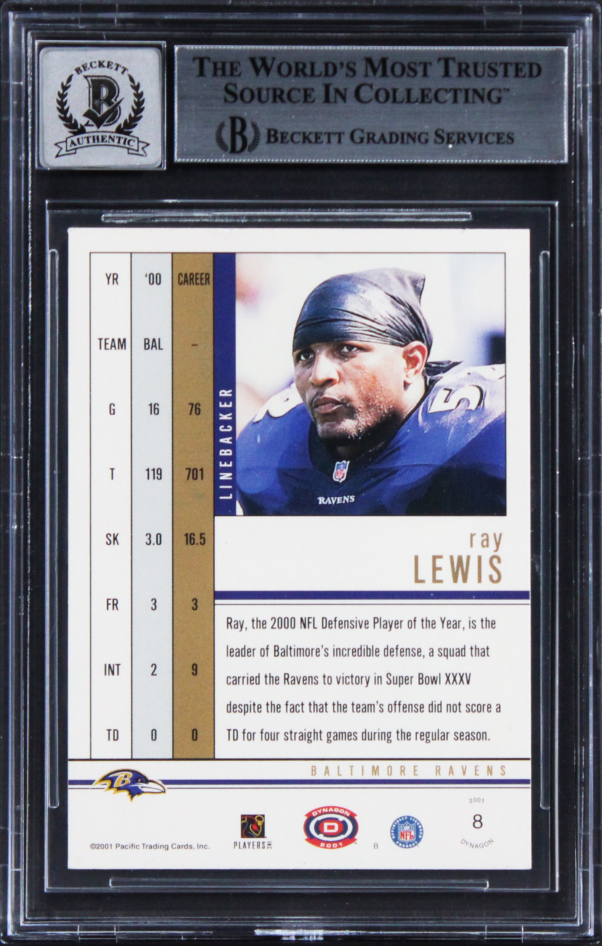 Ravens Ray Lewis Signed 2001 Panini Dynagon #8 Card Auto Graded 10! BAS Slabbed
