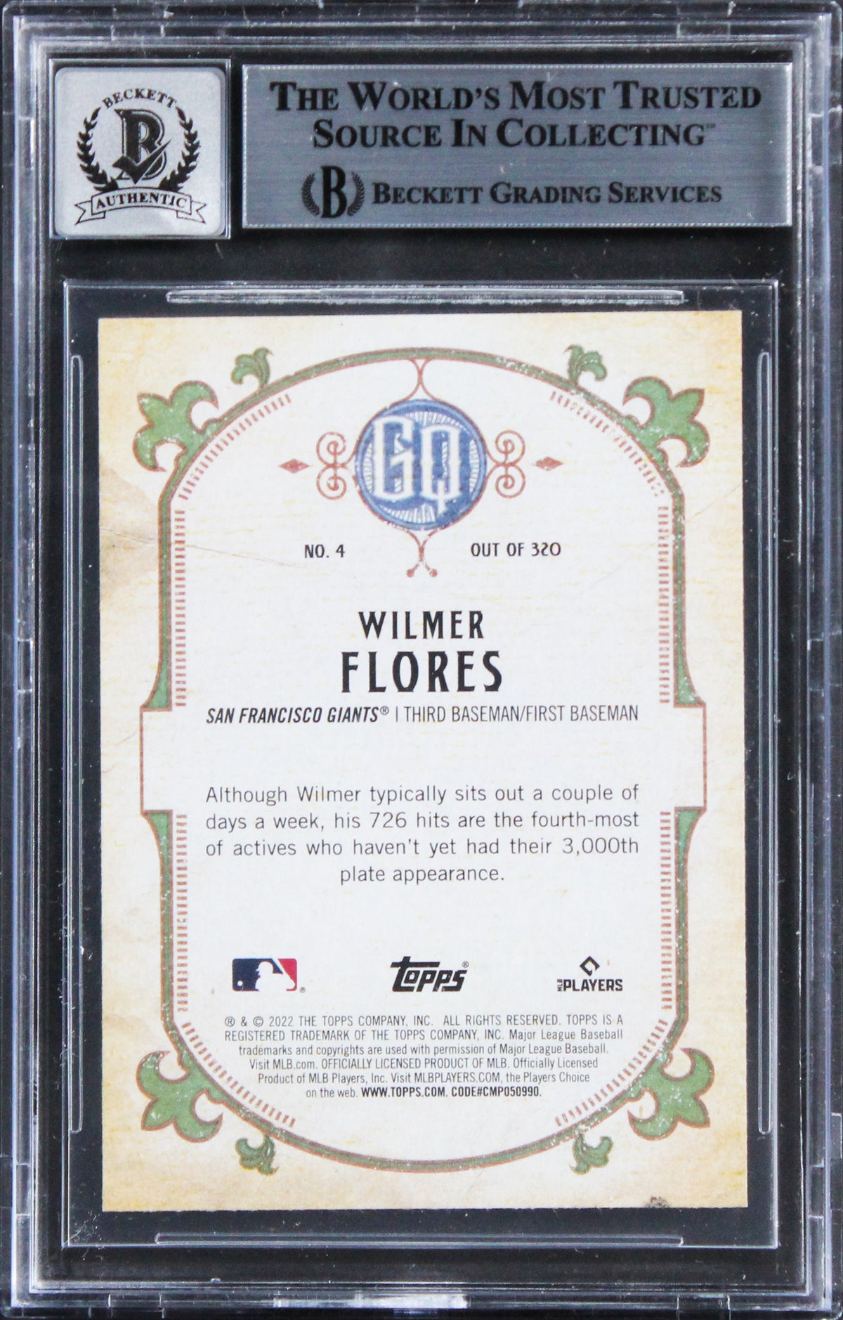 Giants Wilmer Flores Signed 2022 Topps Gypsy Queen #4 Card Auto 10! BAS Slabbed