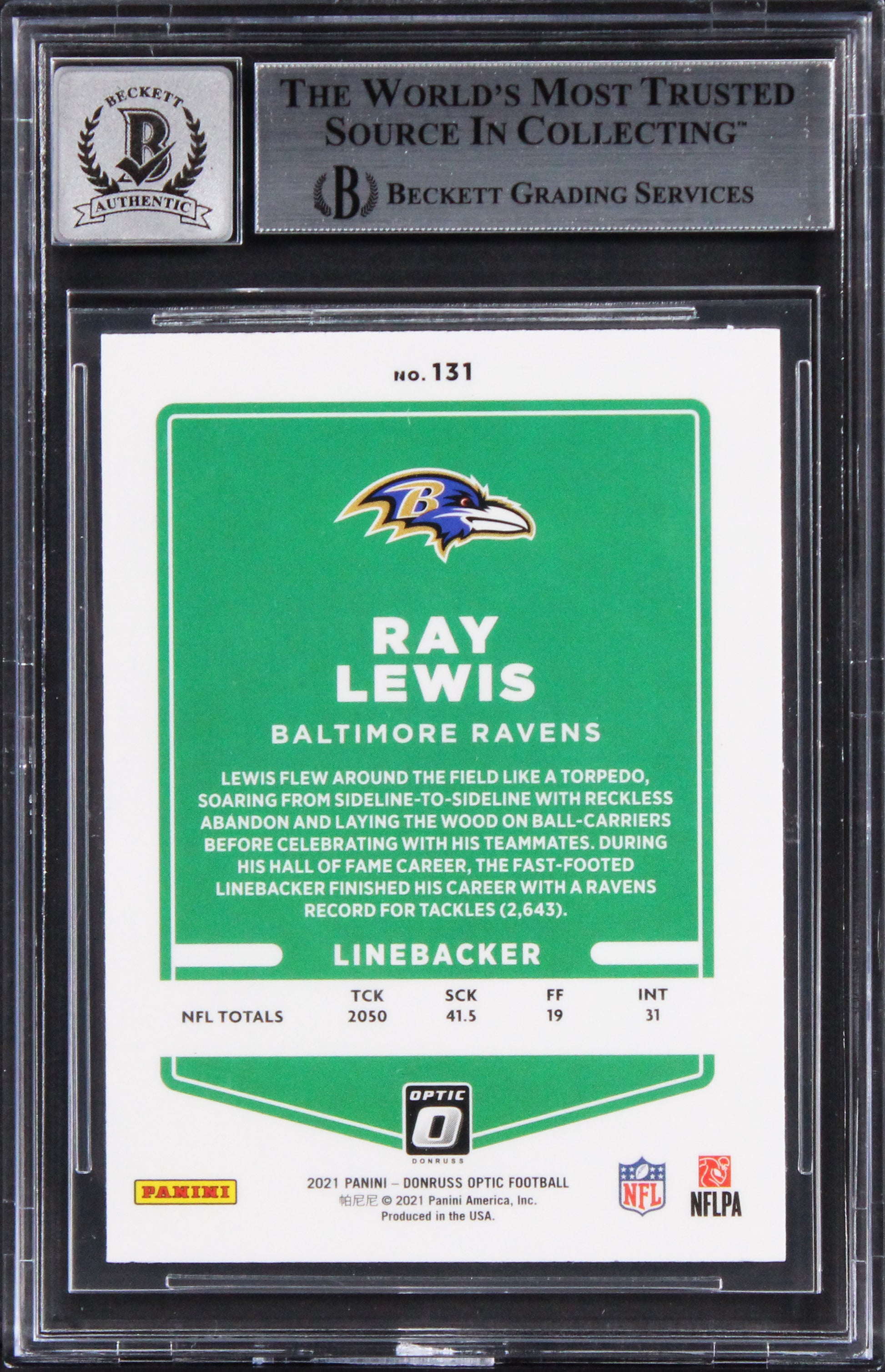 Ravens Ray Lewis Signed 2021 Donruss Optic #131 Card Auto Grade 10! BAS Slabbed