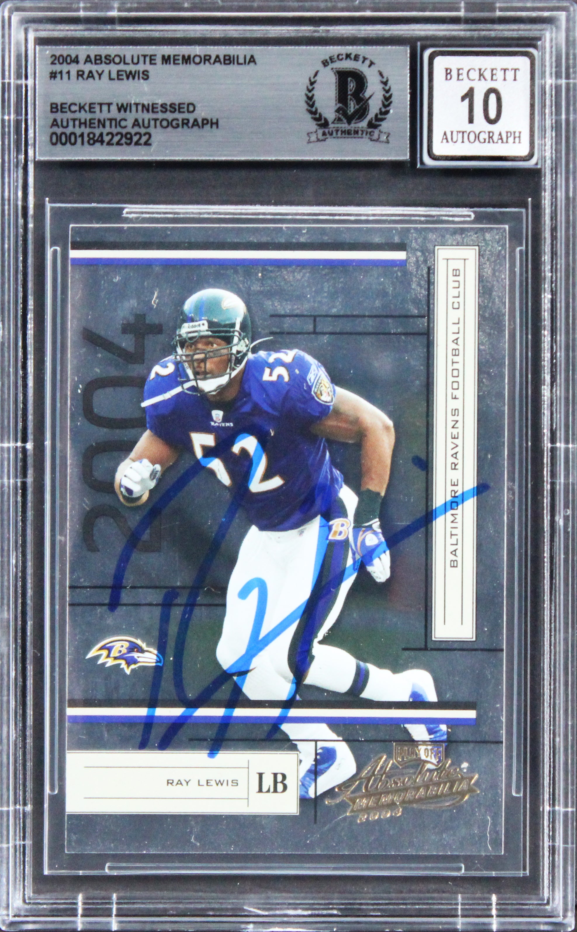 Ravens Ray Lewis Signed 2004 Absolute Memorabilia #11 Card Auto 10! BAS Slabbed
