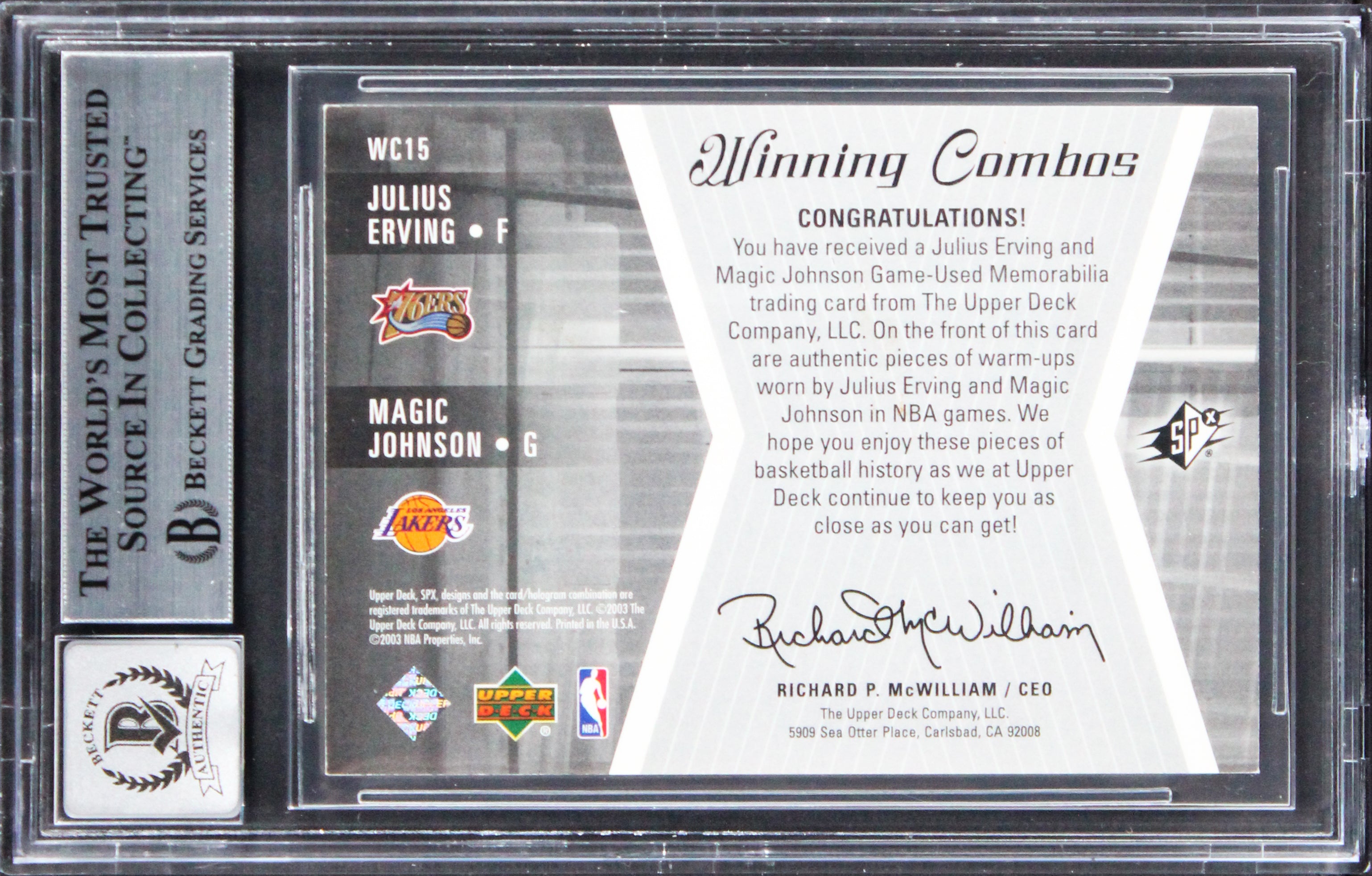 Magic & Erving Signed 2003 SPX Winning Mats Combos #WC15 Card Auto 10! BAS Slab